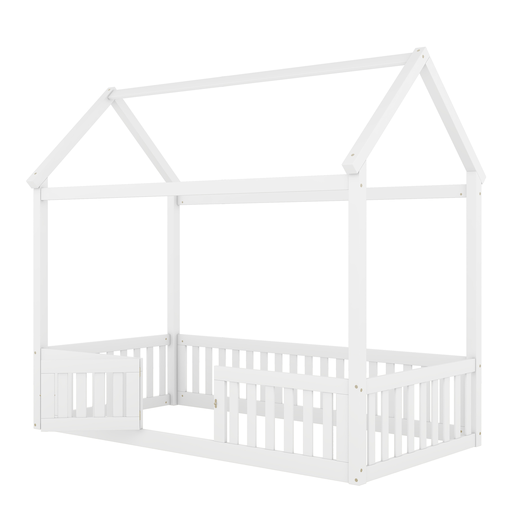 Twin/Full Size Wood House Bed with Fence and Door, Gray/White