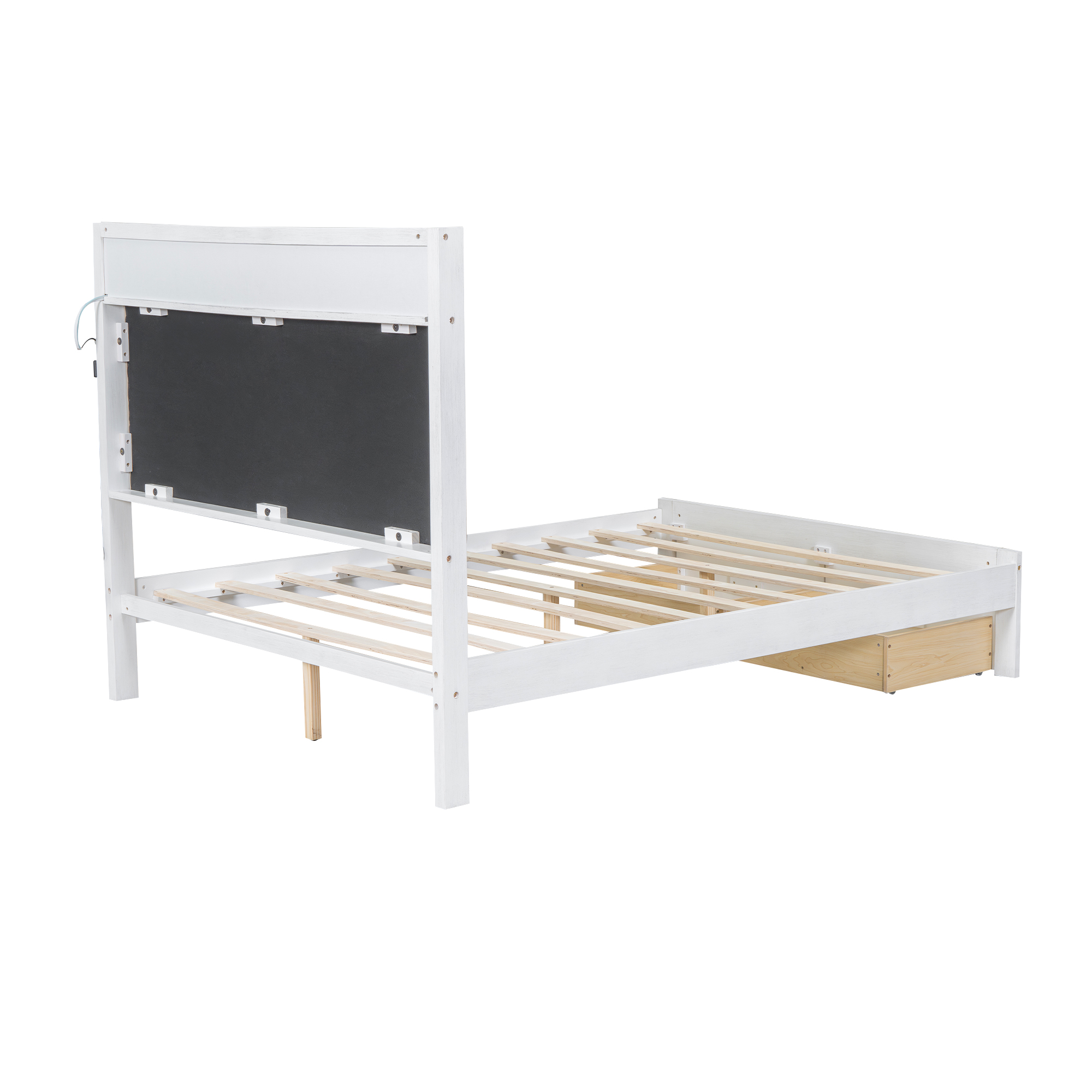 Wood Queen/Full Size Platform Bed with Upholstered Headboard and LED and 2 Drawers, Antique White 