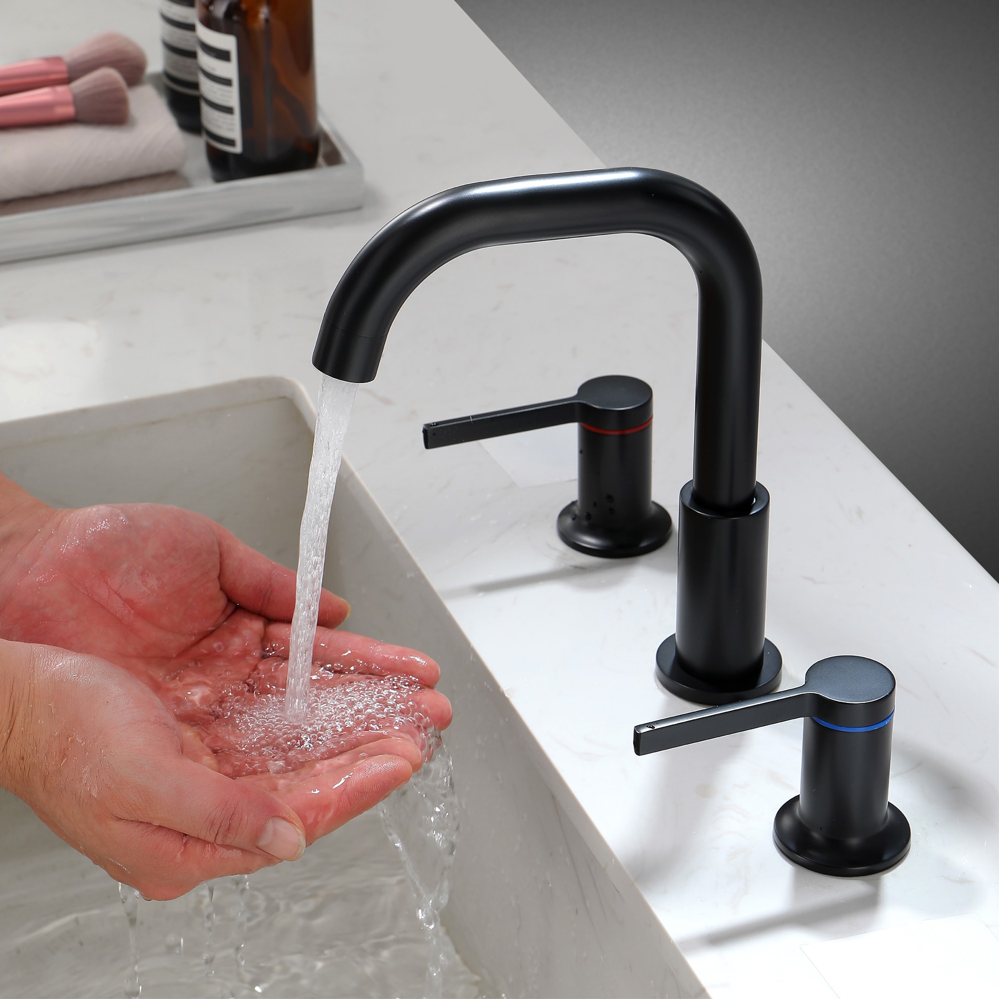 Mondawe Double Handle 8 Inch Brass 3 Hole Widespread Bathroom Sink Faucet(Black/Gold/Nickel)-Mondawe