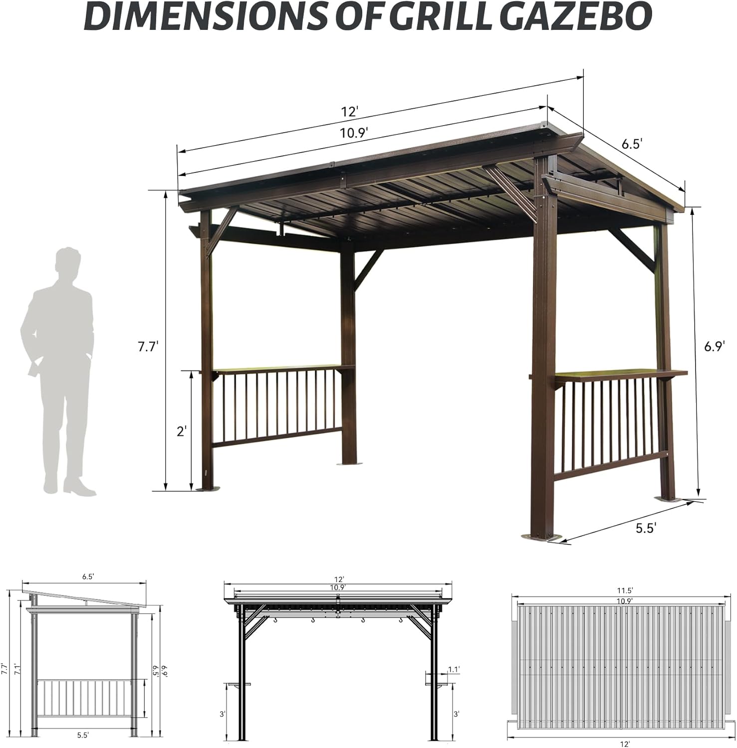 Hardtop Grill Gazebo, Outdoor BBQ Gazebo with 2 Side Shelves and Sloping Galvanized Steel Roof, Metal Permanent Grill Canopy with Ceiling Hooks for Patio, Lawn, Backyard, Deck