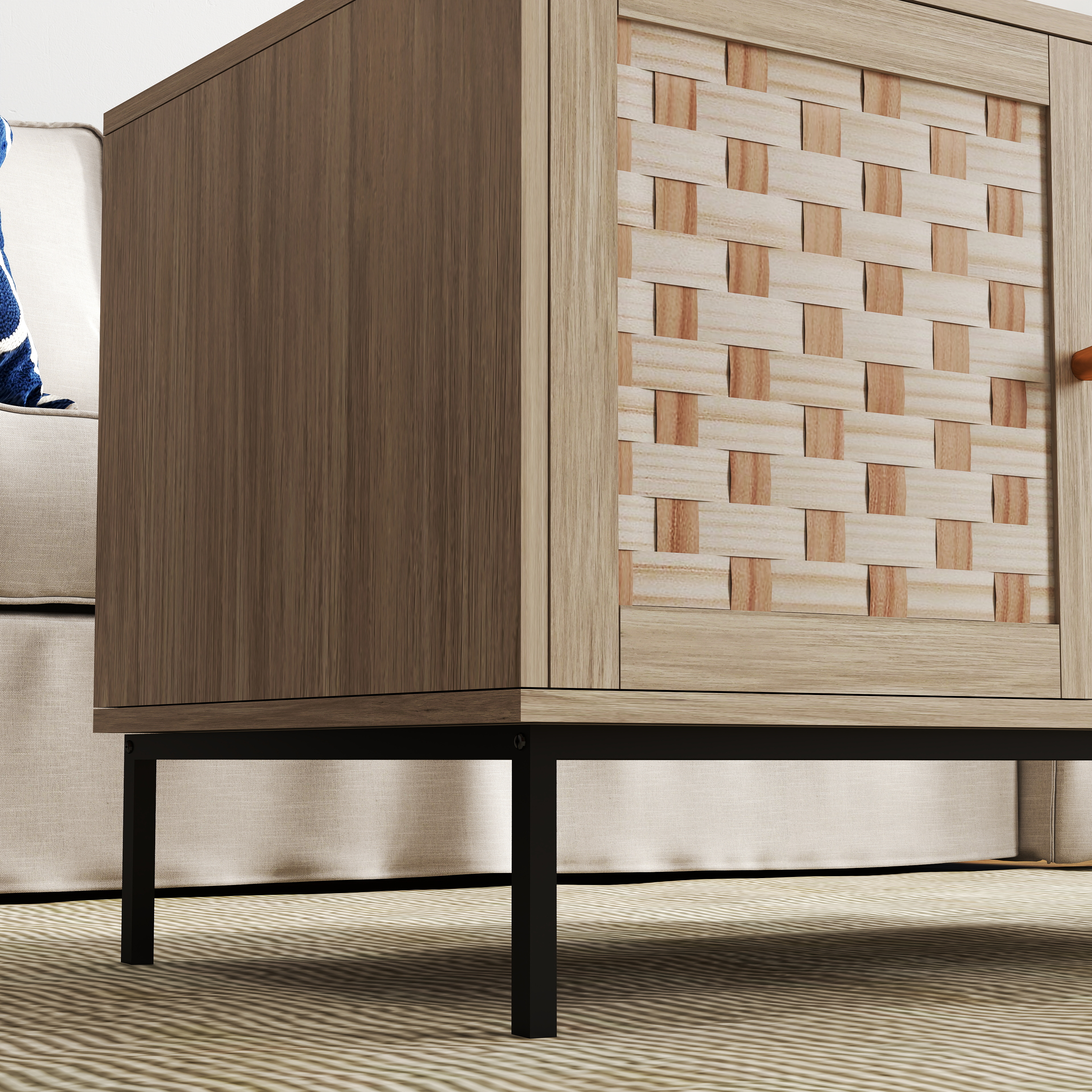 Elegant Veener Weaving Design Coffee Table with 4 Sliding Door, Wooden Center Rectangular Table with Symmetrical Design Storage Cabinet 