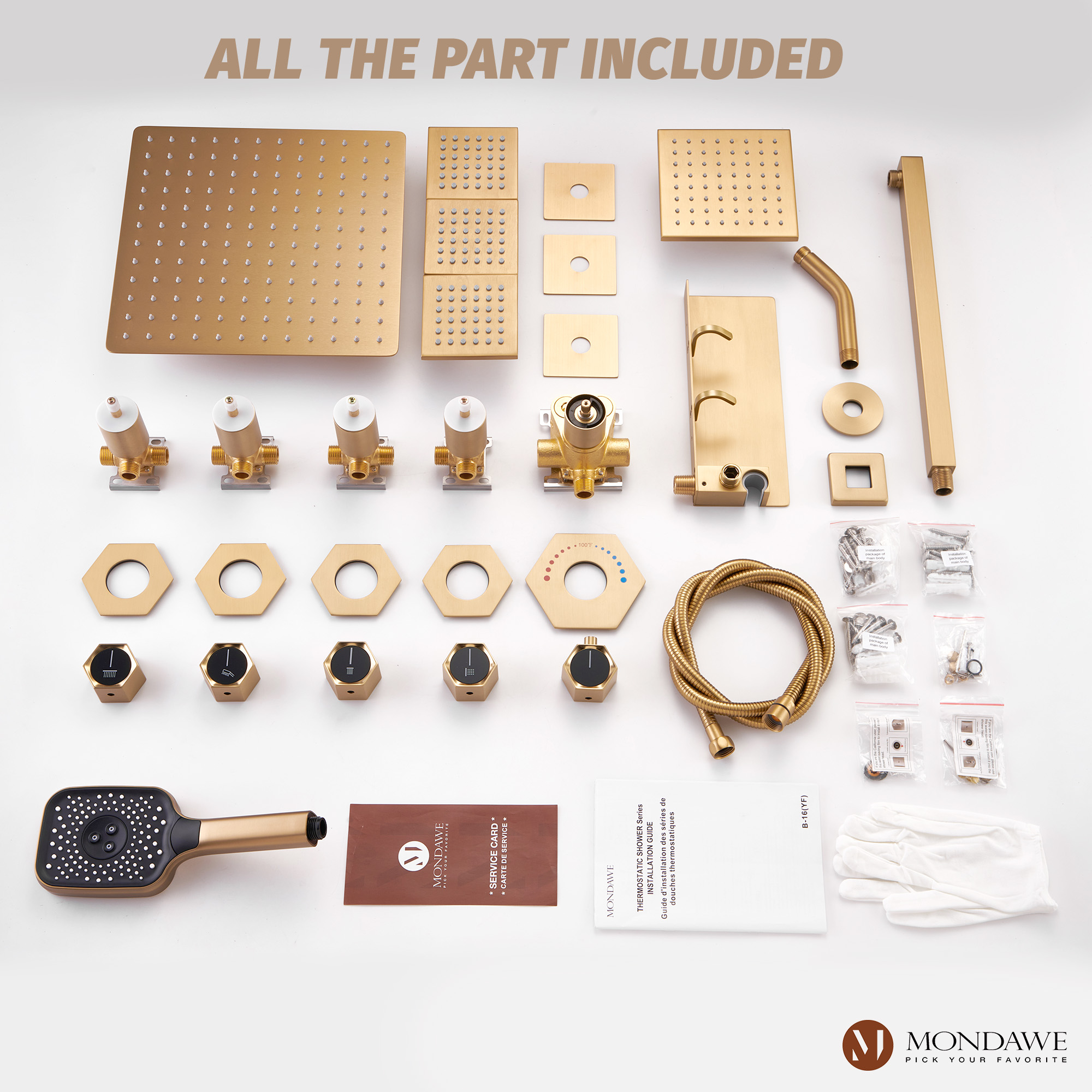 Mondawe Thermostatic 4 Functions 12-inch Wall Mounted Rainfall Dual Shower Heads with Handheld and Body Jets (Rough-in Valve Included)-Mondawe