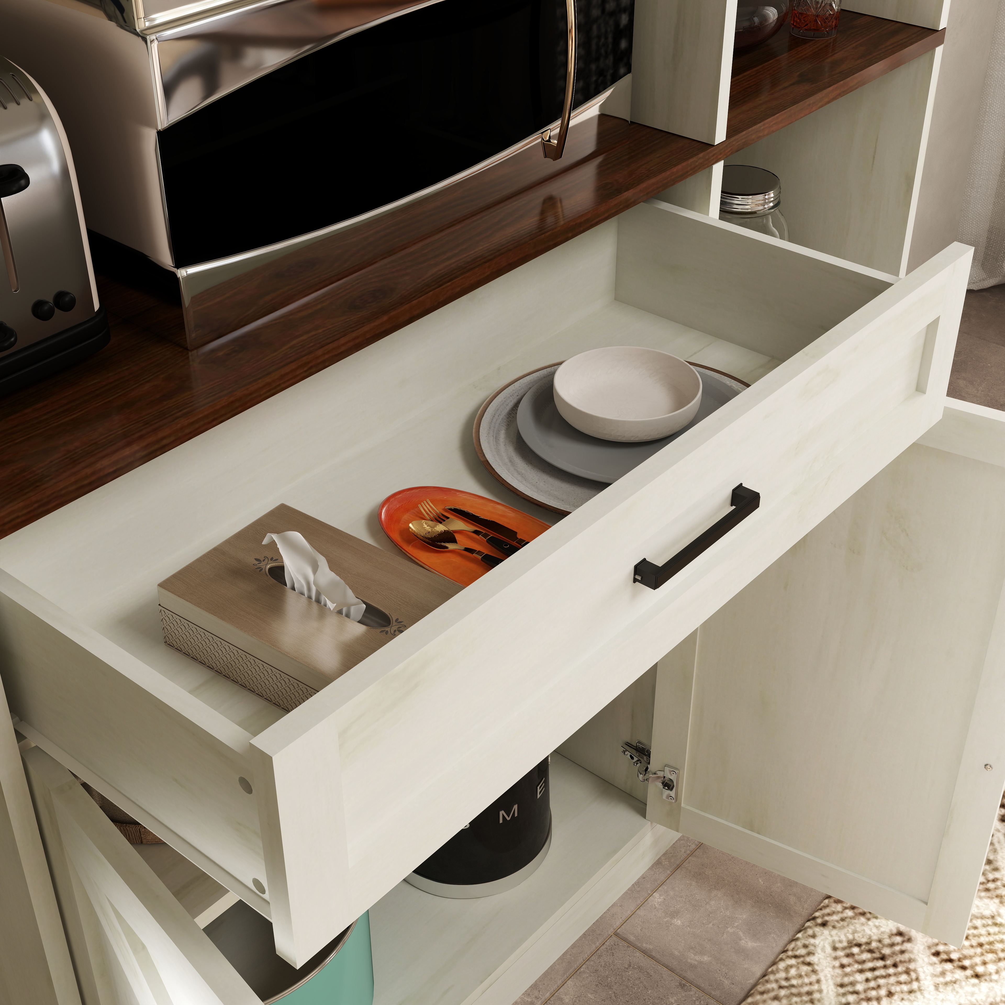 70.87'' Multifunctional Farmhouse Kitchen Pantry Sideboard with Cabinet and Drawer, Kitchen Buffet with Hutch and Glass Holder, Microwave Stand with Charging Station for Kitchen and Dining Room 