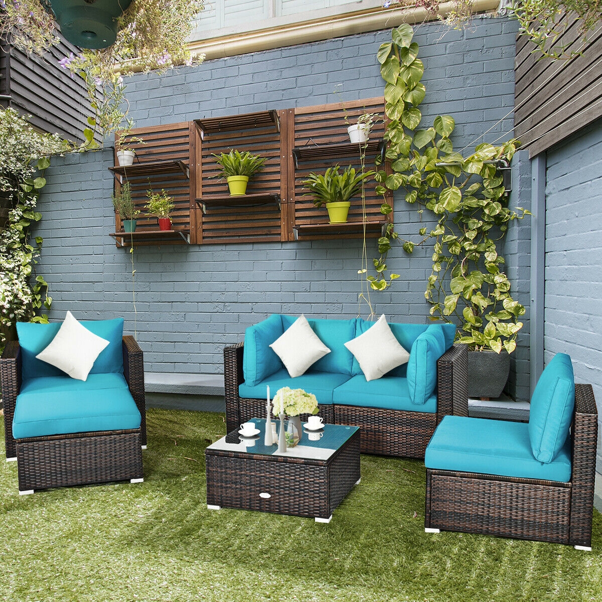 Mondawe 6 Pcs Patio Rattan Furniture Set with Sectional Cushion-Turquoise-Mondawe