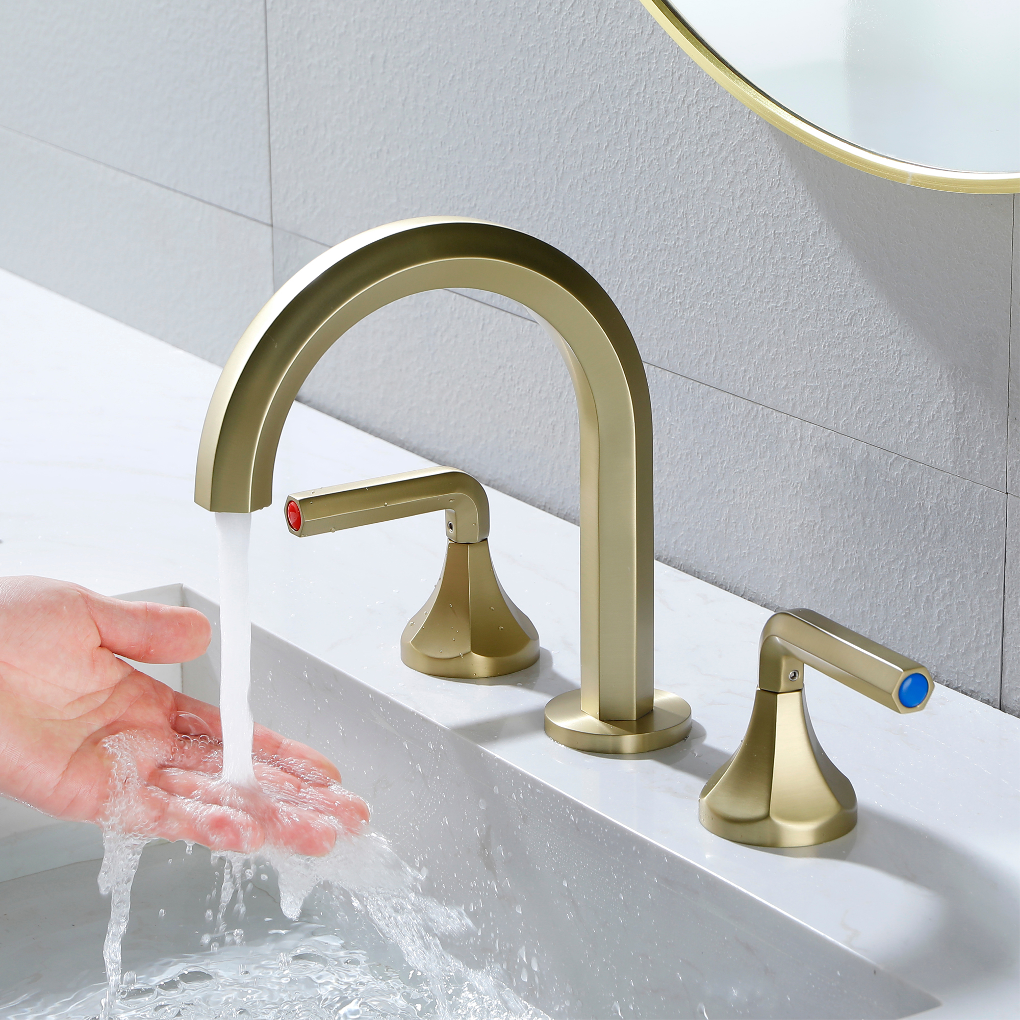Hexagon 8 In Widespread Double-Handle Brass 3-Hole Widespread Bathroom Sink Faucet Bath Faucets-Mondawe