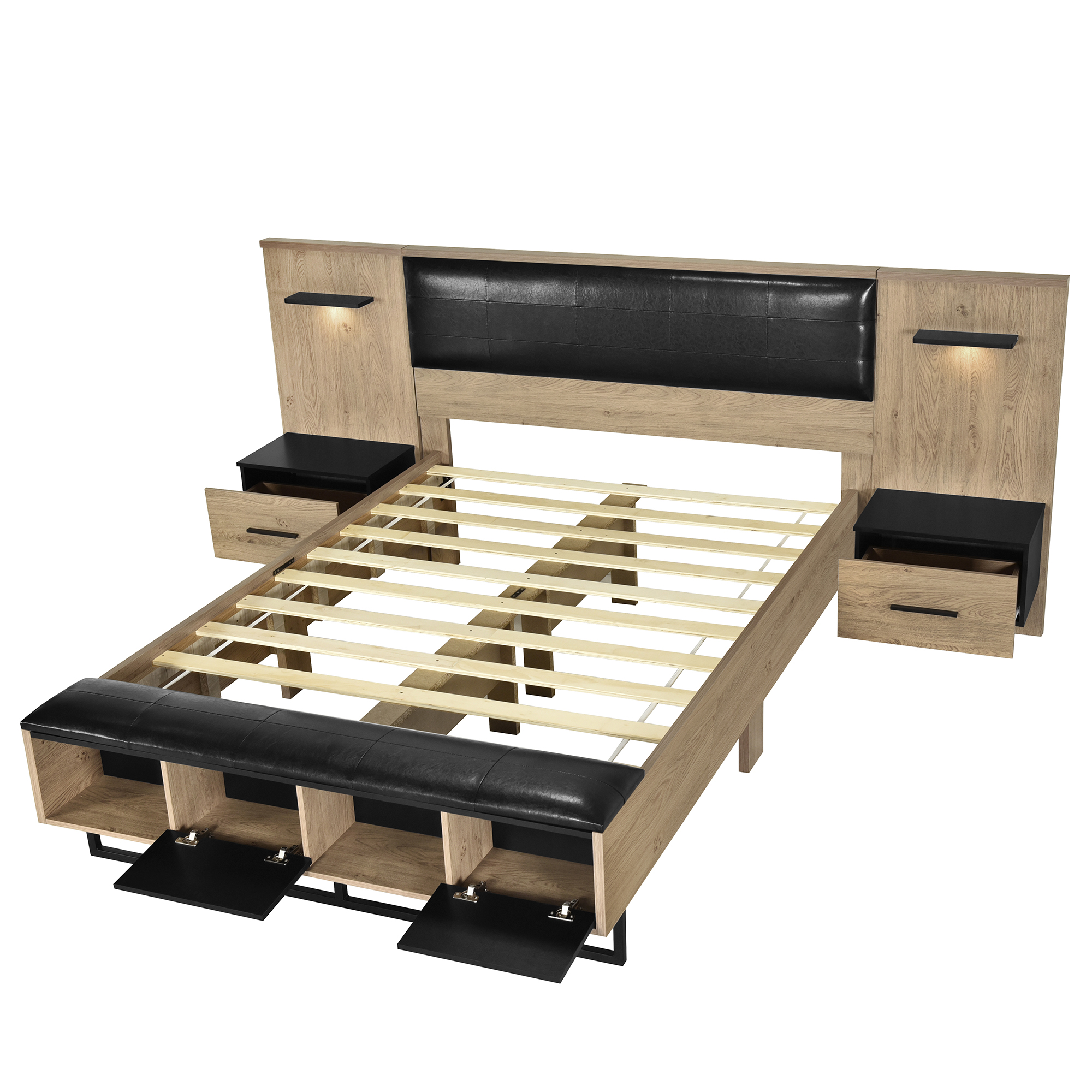 Queen Size Wood Platform Bed with Upholstered Headboard, Lights and Storage Nightstand, Bench, Walnut 