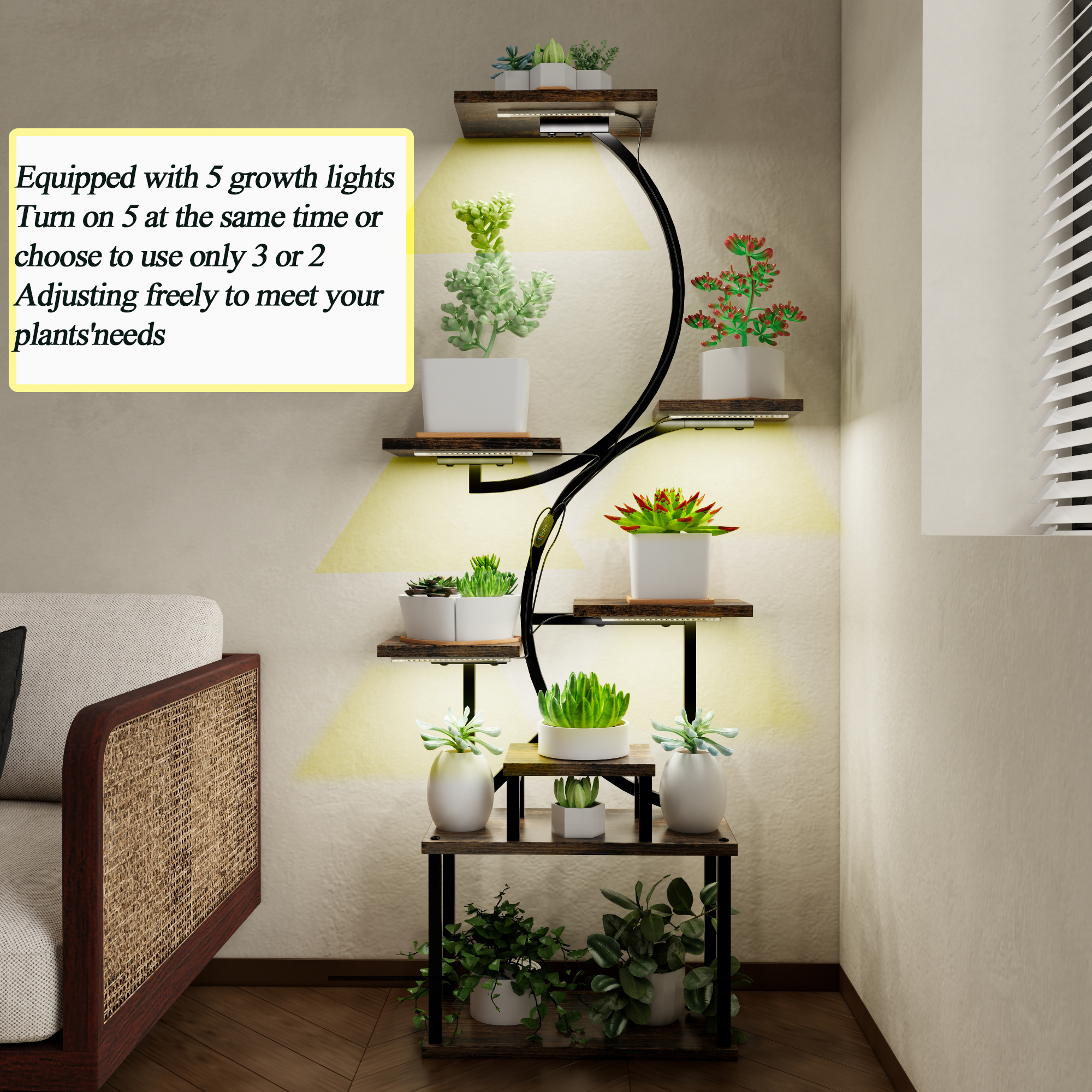 8-Tiered Indoor Plant Stand with 5 Grow Lights, 10-Level Stepless Dimming, Durable Thickened Metal Steel Pipe (0.8mm) for Living Room, Garden 