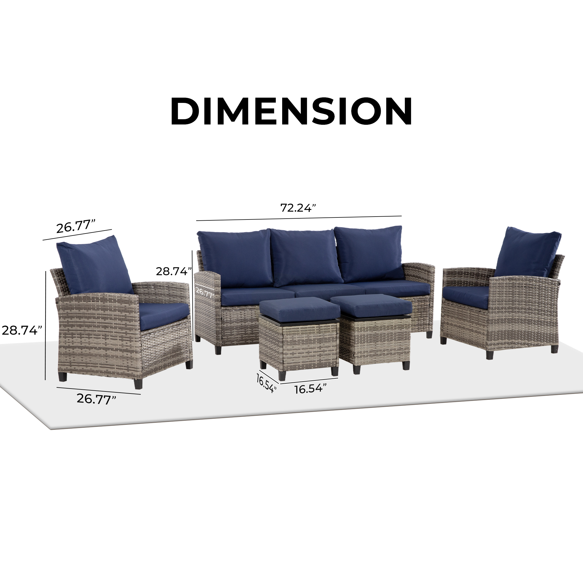 5-Piece PE Rattan Patio Furniture Set – 3-Seater Sofa, 2 Armchairs, 2 Ottomans with Cushions, Outdoor Lounge Seating, Gray/Beige/Blue
