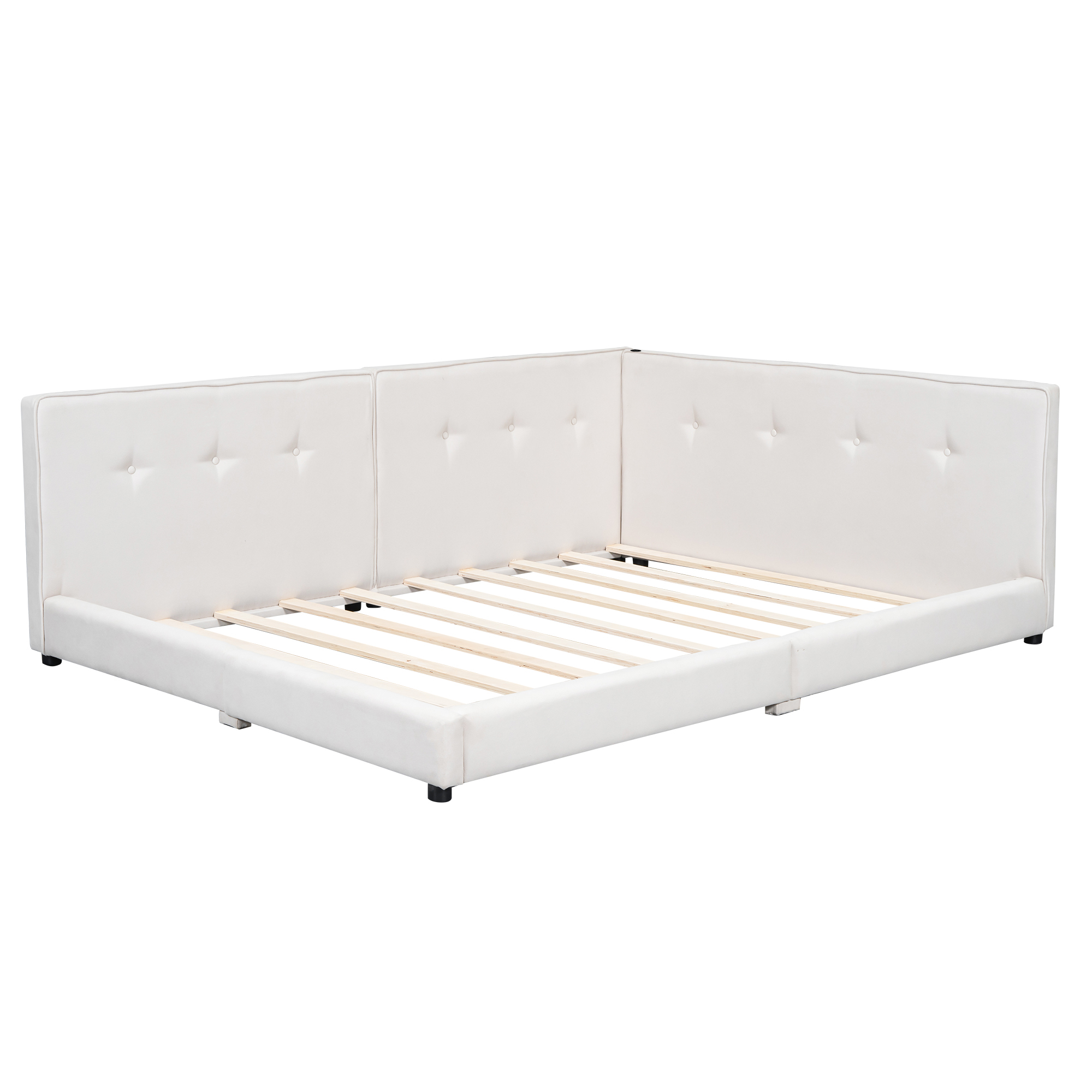 Upholstered Full/Queen Size platform bed with USB Ports, Beige 