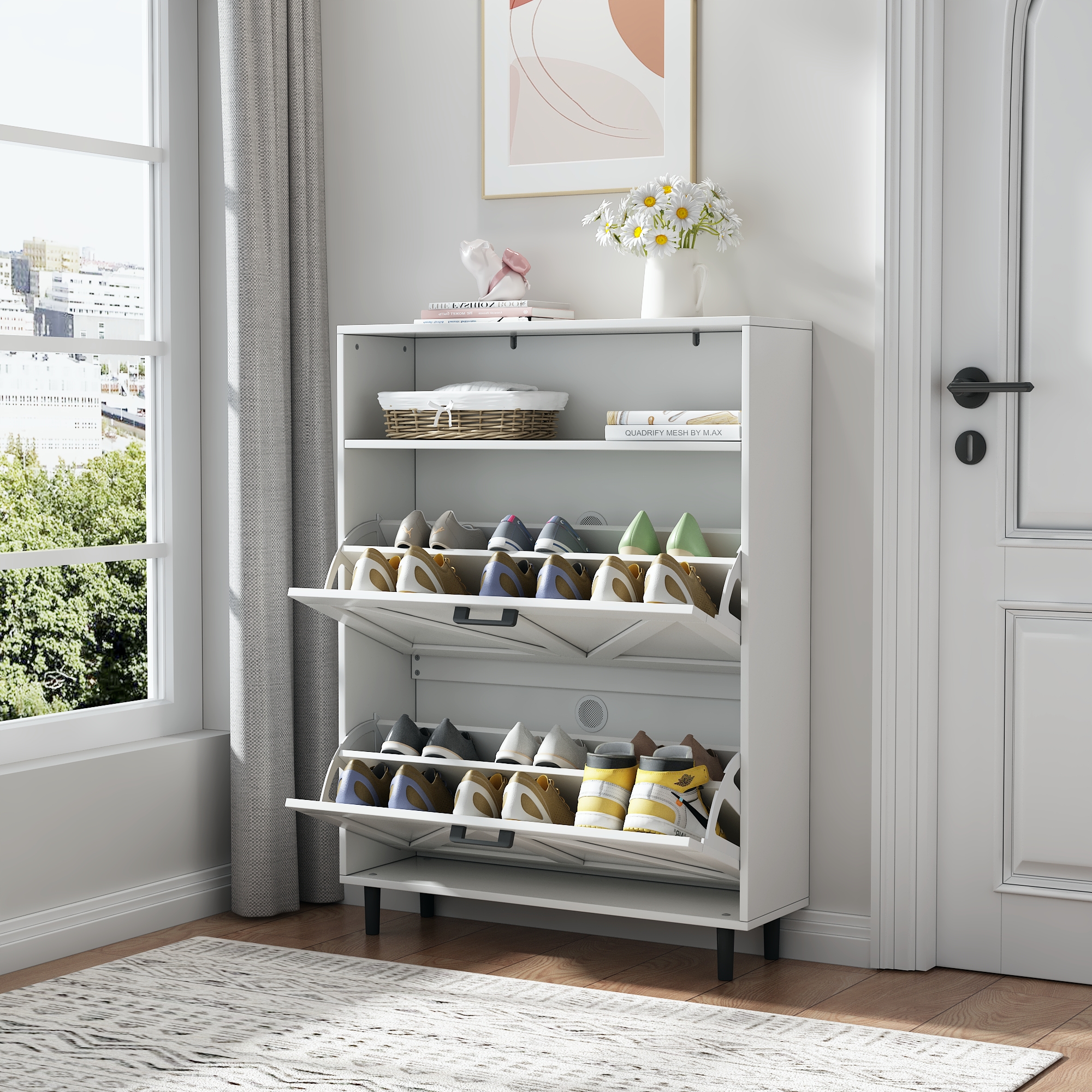 Farmhouse Shoe Storage Cabinet with Barn Door Design, Shoe Organizer with 2 Flip Drawers, Freestanding Narrow Shoe Rack Cabinet with Open Storage for Entryway,Foyer,Hallway,(Antique White/Natural Wood) 