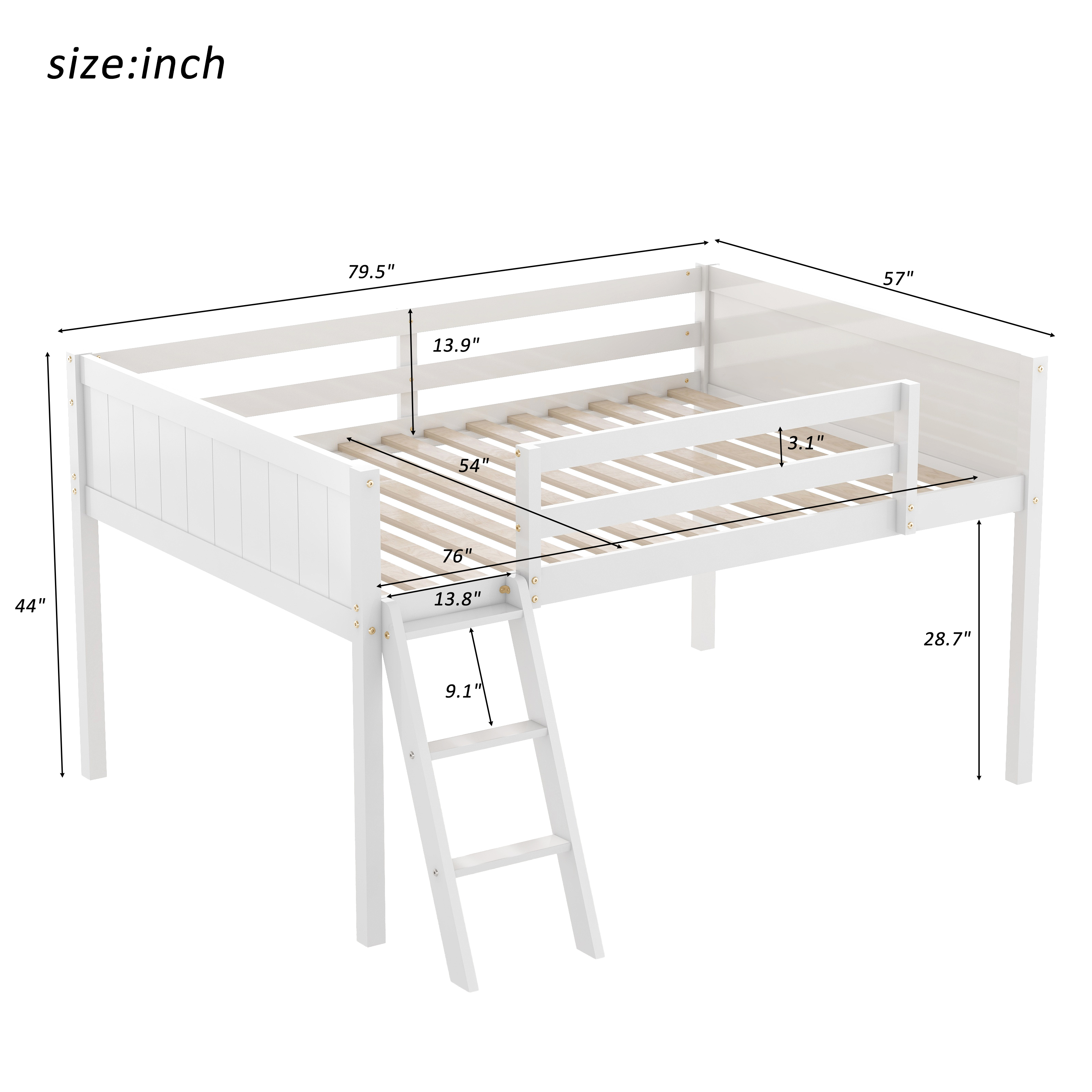 Full Size Wood Low Loft Bed with Ladder, ladder can be placed on the left or right, Gray/White