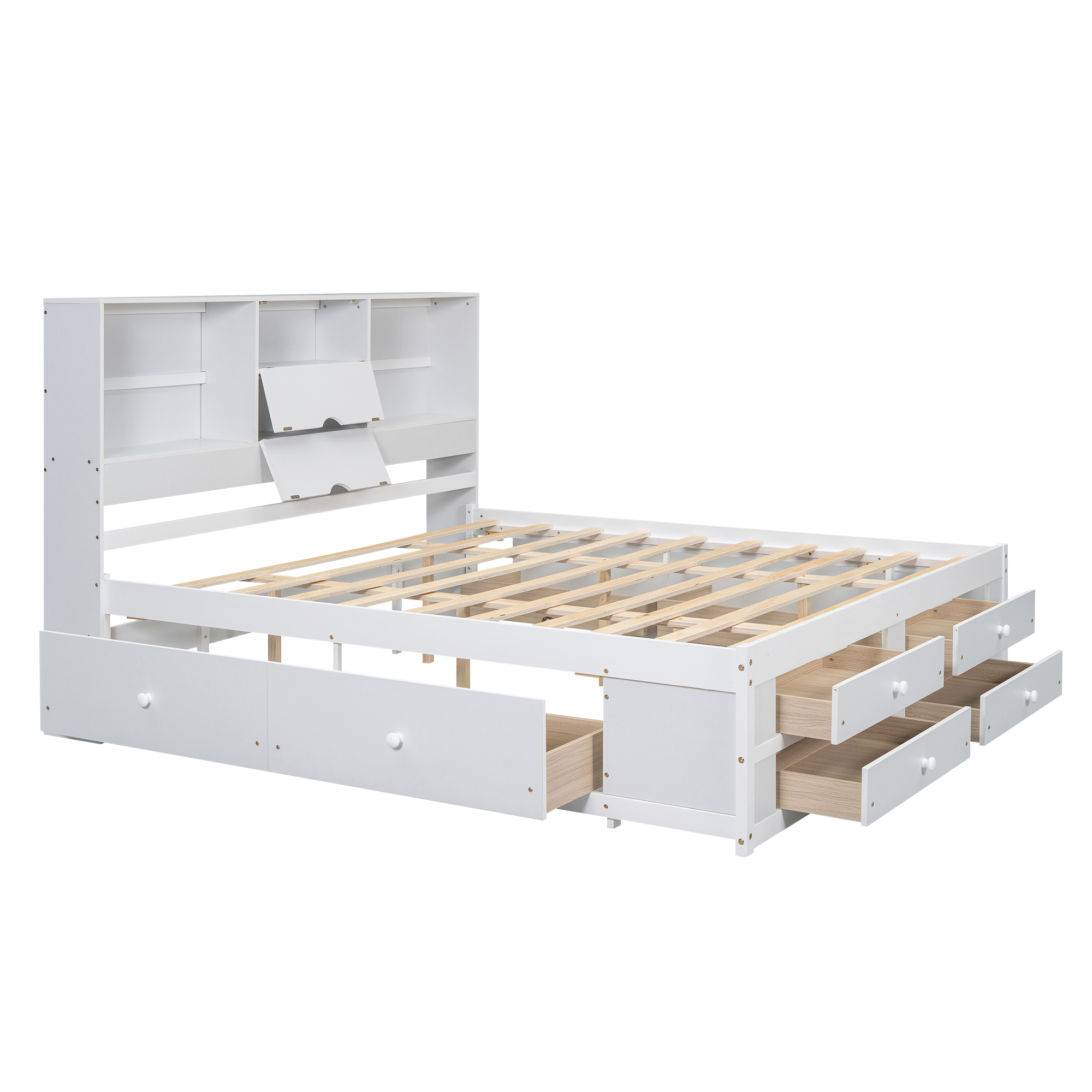Queen/King Size Platform Bed with Storage Headboard and 8 Drawers, White/Gray
