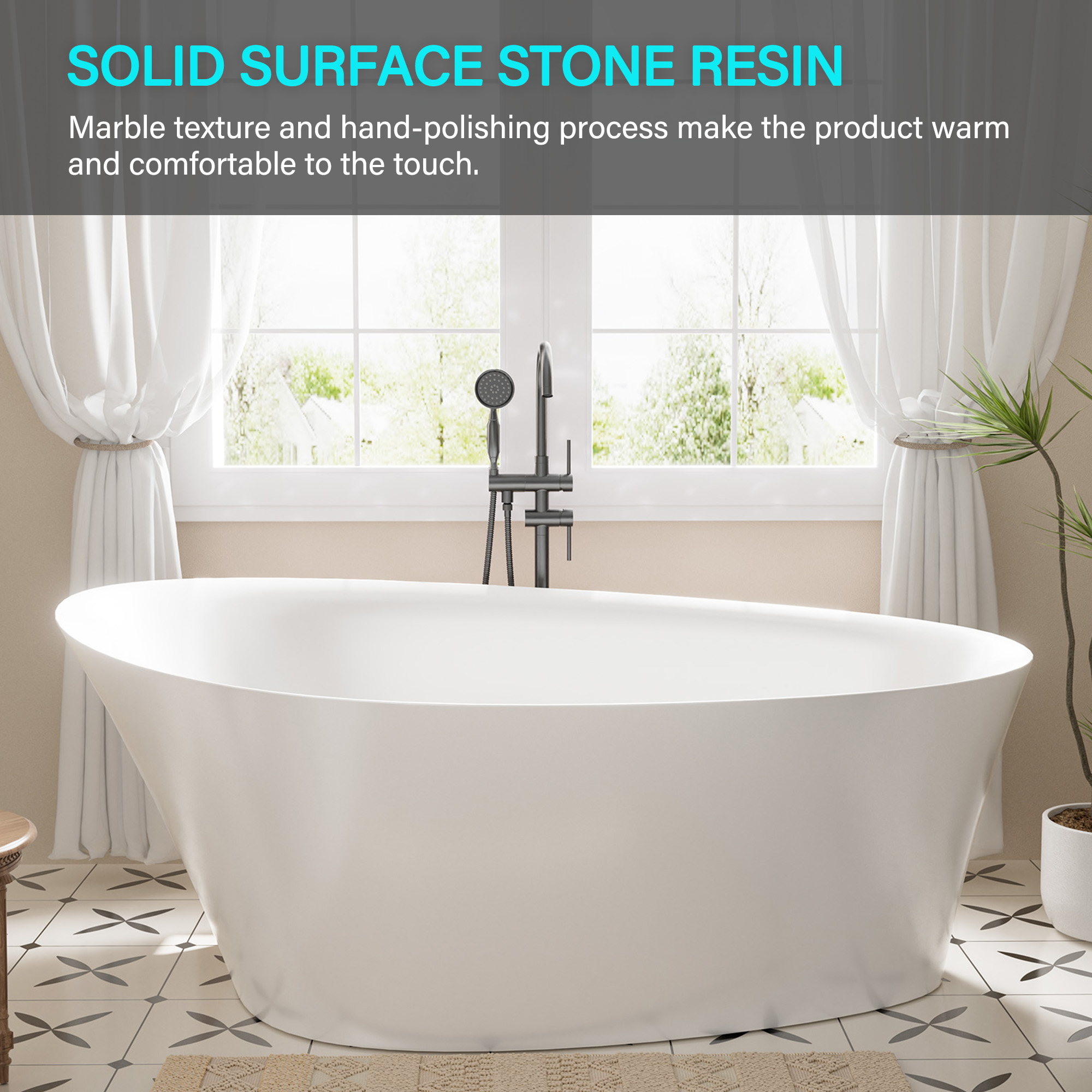 Boyel Living Matte white 65-inch artificial stone freestanding bathtub, can match any decoration style, 65"(L) x 37"(W) x 24"(H)