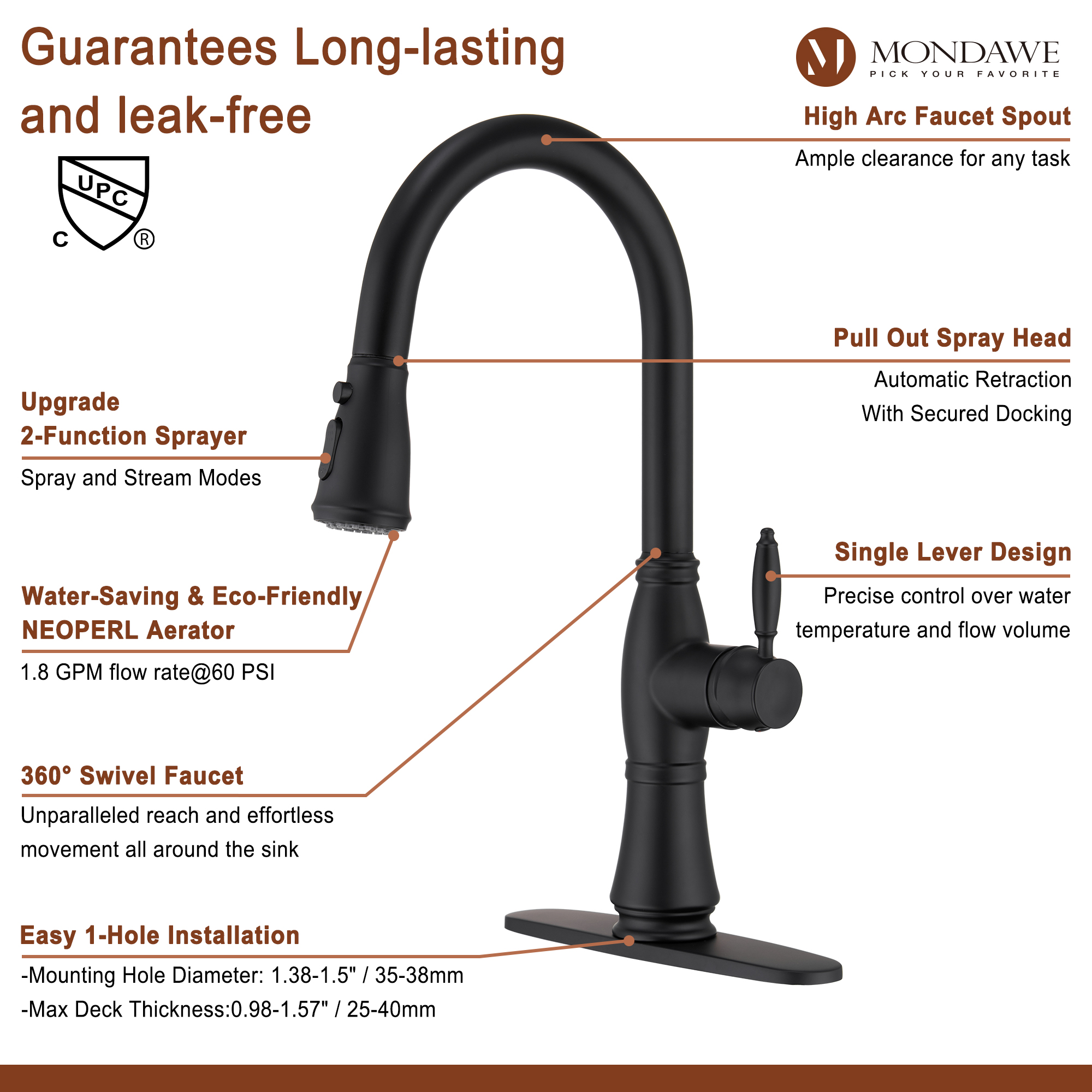 Mondawe Retro Tulip High Arc Pull Down Single Handle Deck Mount Kitchen Faucet-Mondawe