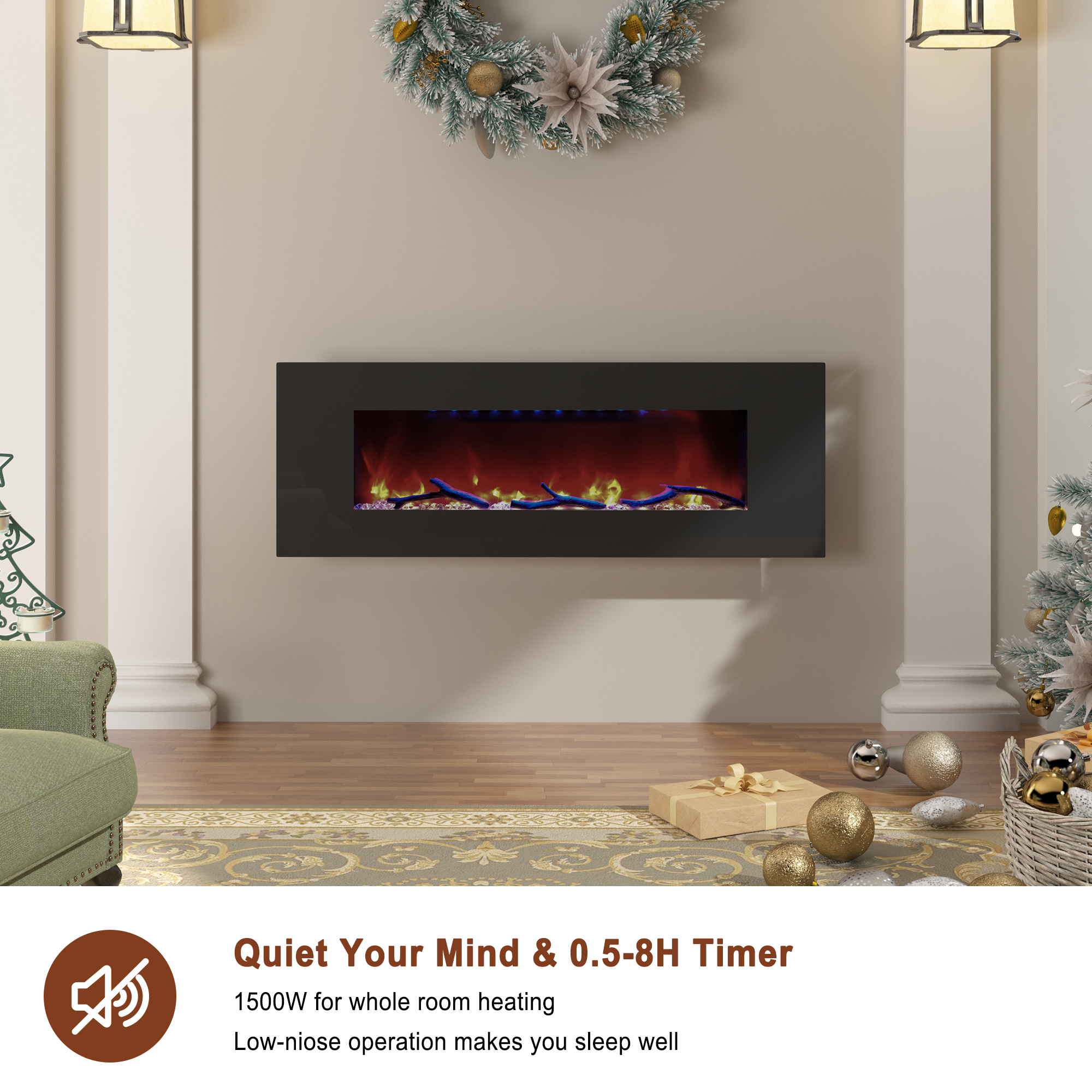 5120 BTU 42/50/60/72 in. Wall-Mounted Black Electric Fireplace Insert with 2-Speaker Stereo Sound