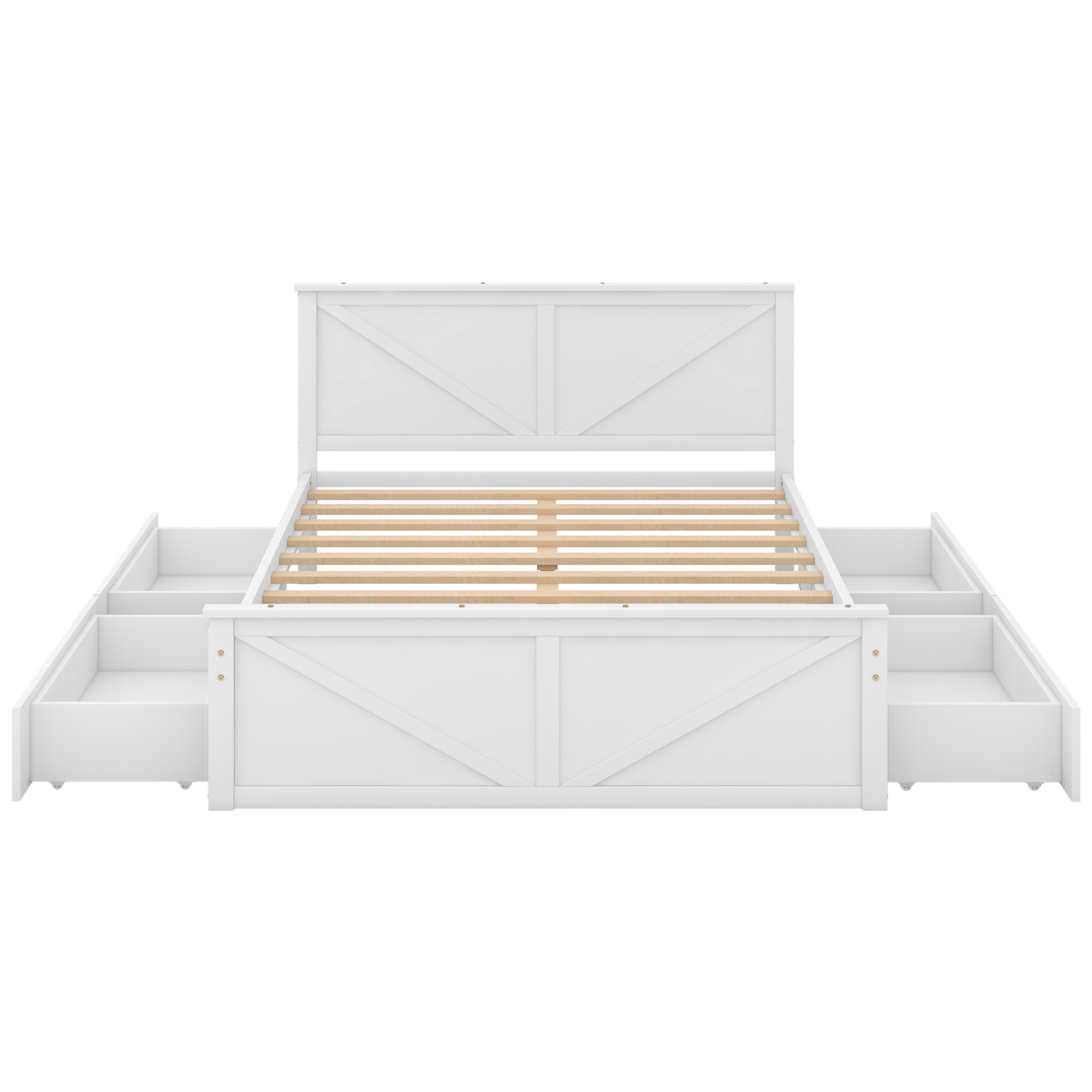 King/Queen Size Wooden Platform Bed with Four Storage Drawers and Support Legs, White/Gray