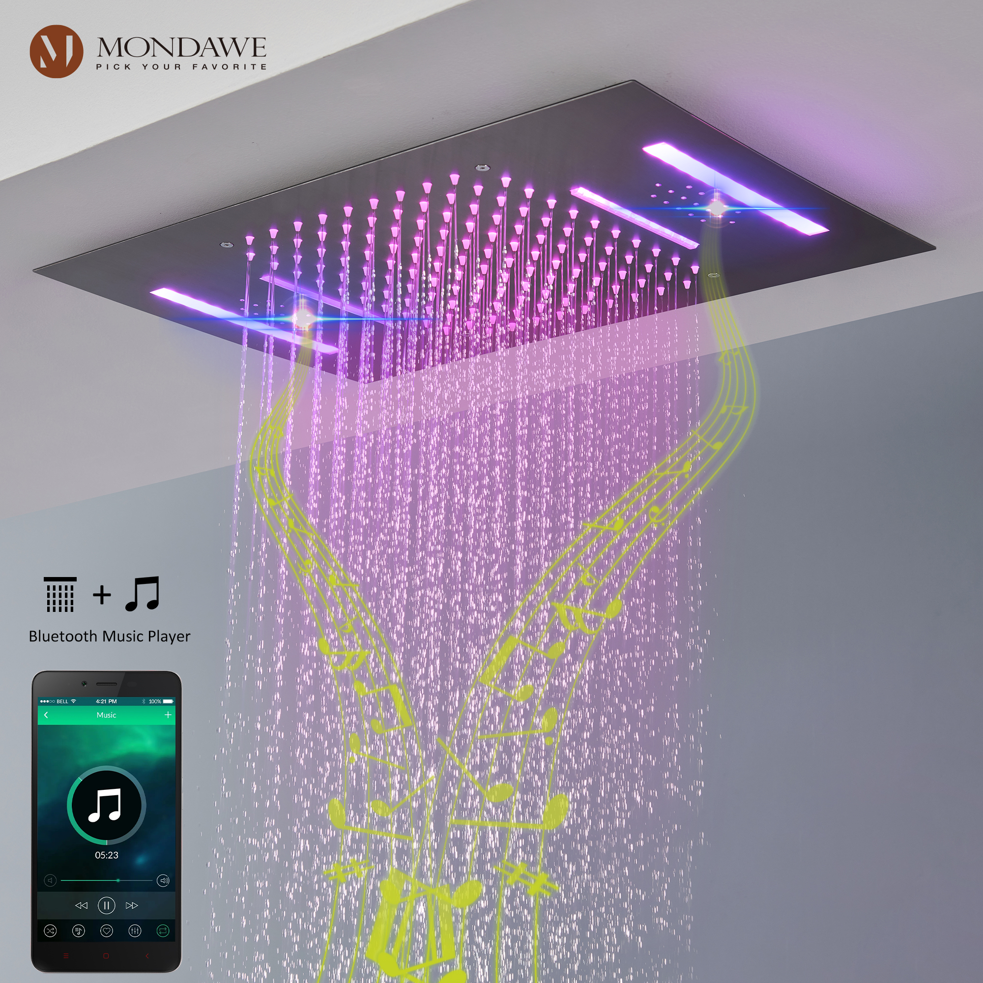 Mondawe Luxury 4-Way Thermostatic Shower System with LED and Music Player-Mondawe