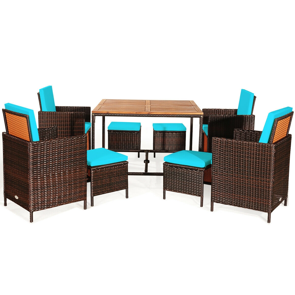 Mondawe 9PCS Patio Rattan Dining Cushioned Chairs Set-Turquoise-Mondawe