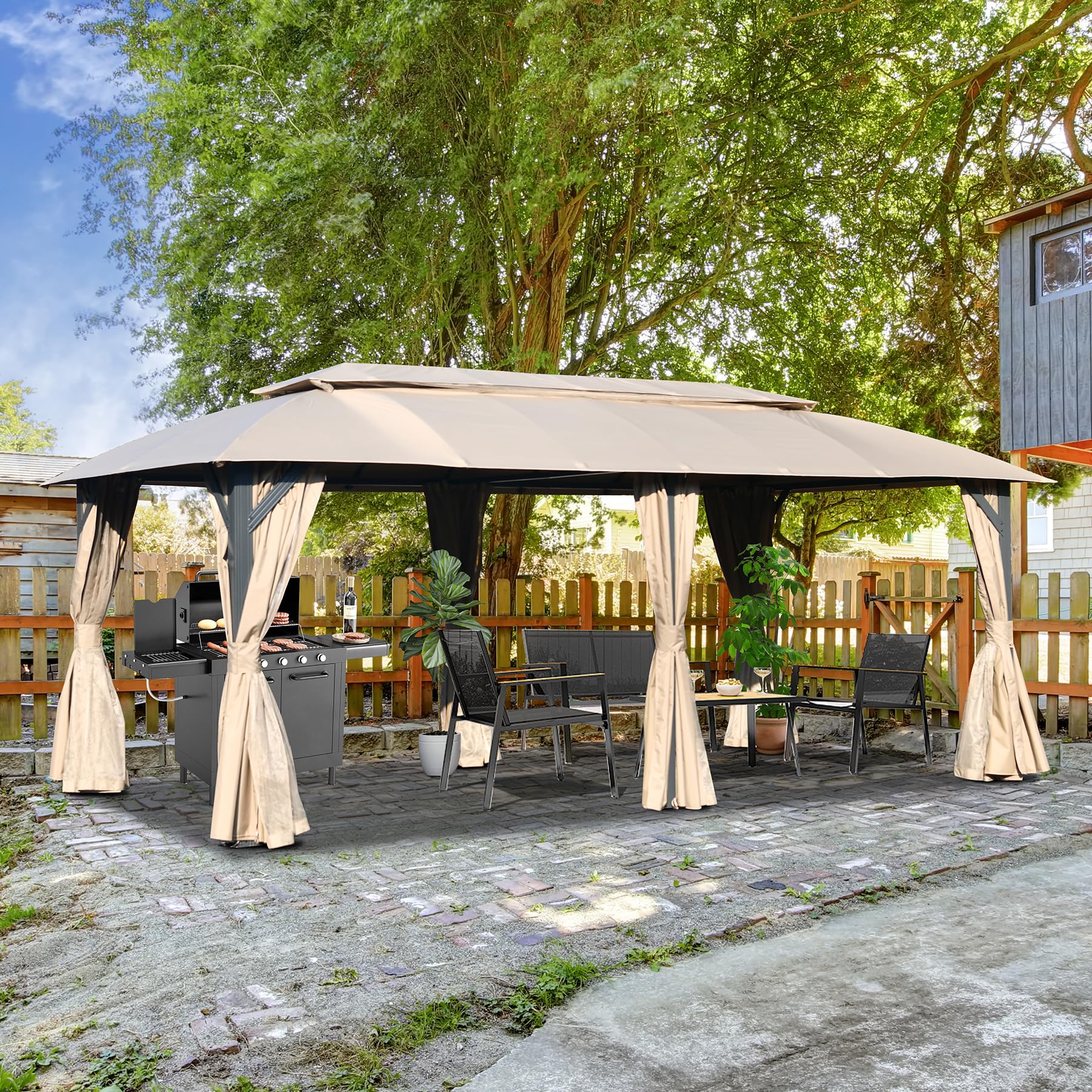 Gazebo 10x20FT, Outdoor Gazebo with Double Roofs, Privacy Curtains, Mosquito Nettings, Heavy Duty Metal Frame Party Tent Canopy for Patio, Backyard, Deck, Lawn, Grey/Brown