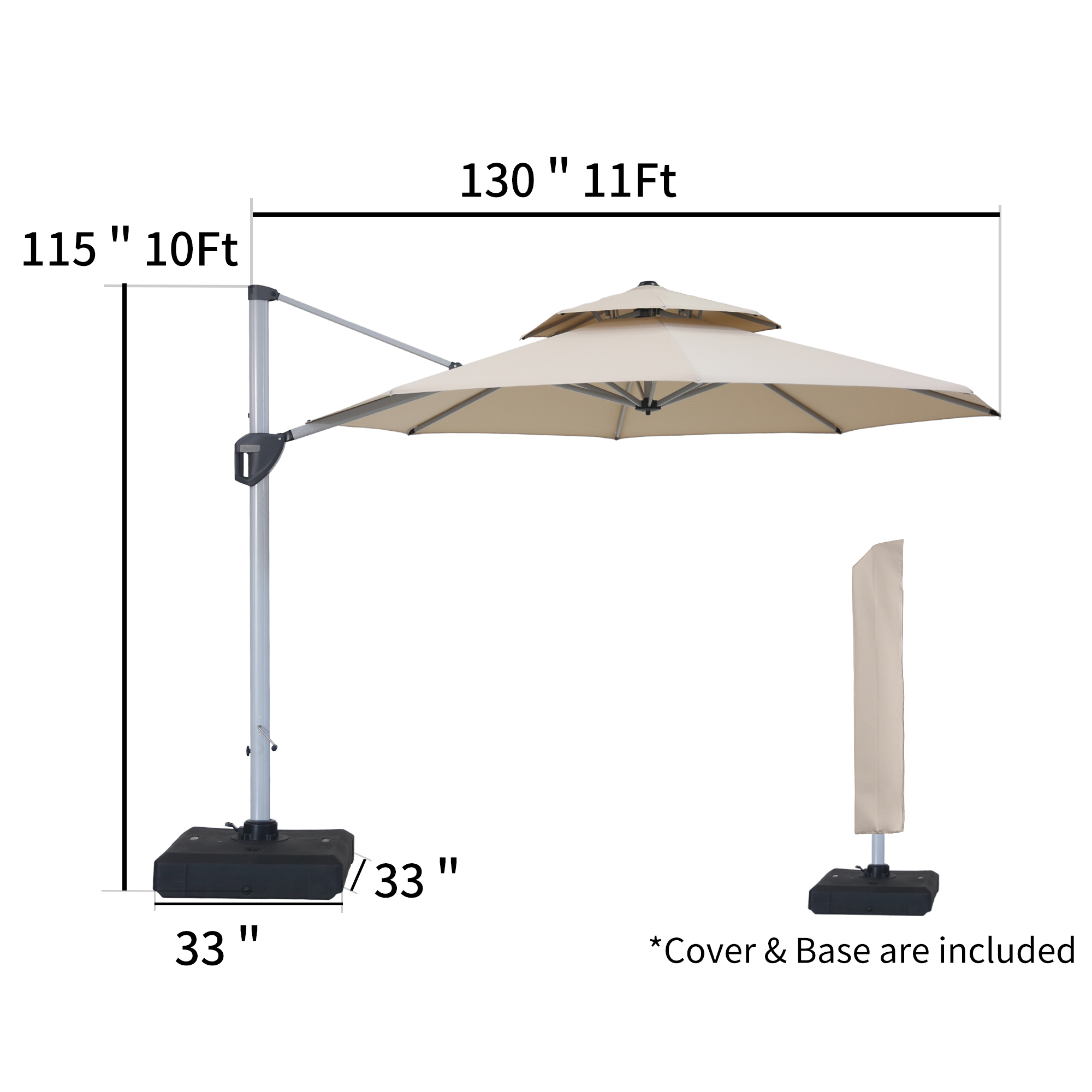 10/11ft Square Cantilever Patio Umbrella with 5 Adjustable Angles, Outdoor Sunshade with Base for Deck, Garden, or Pool