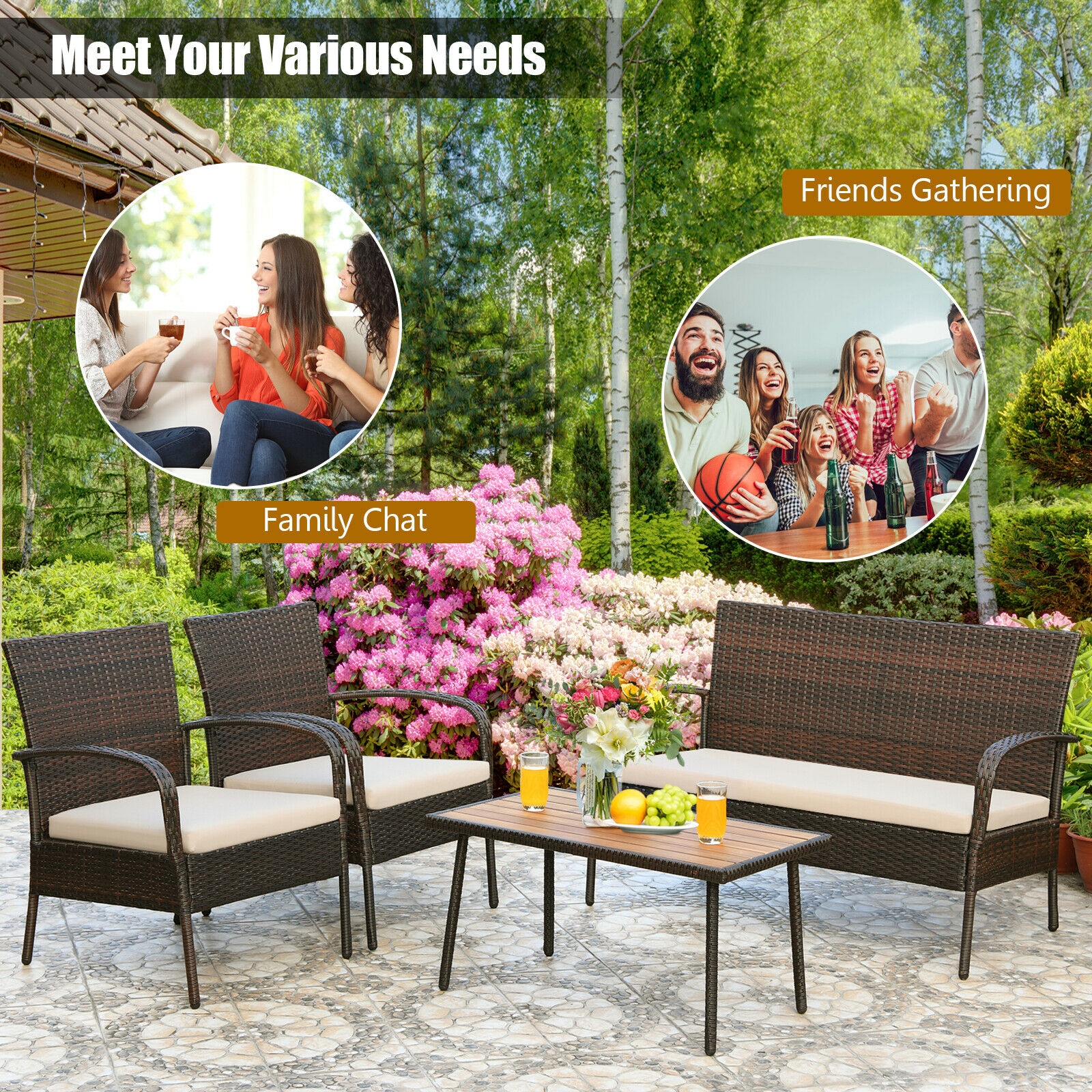 Mondawe 4 Pieces Patio Rattan Outdoor Conversation Set with Cushions-Mondawe