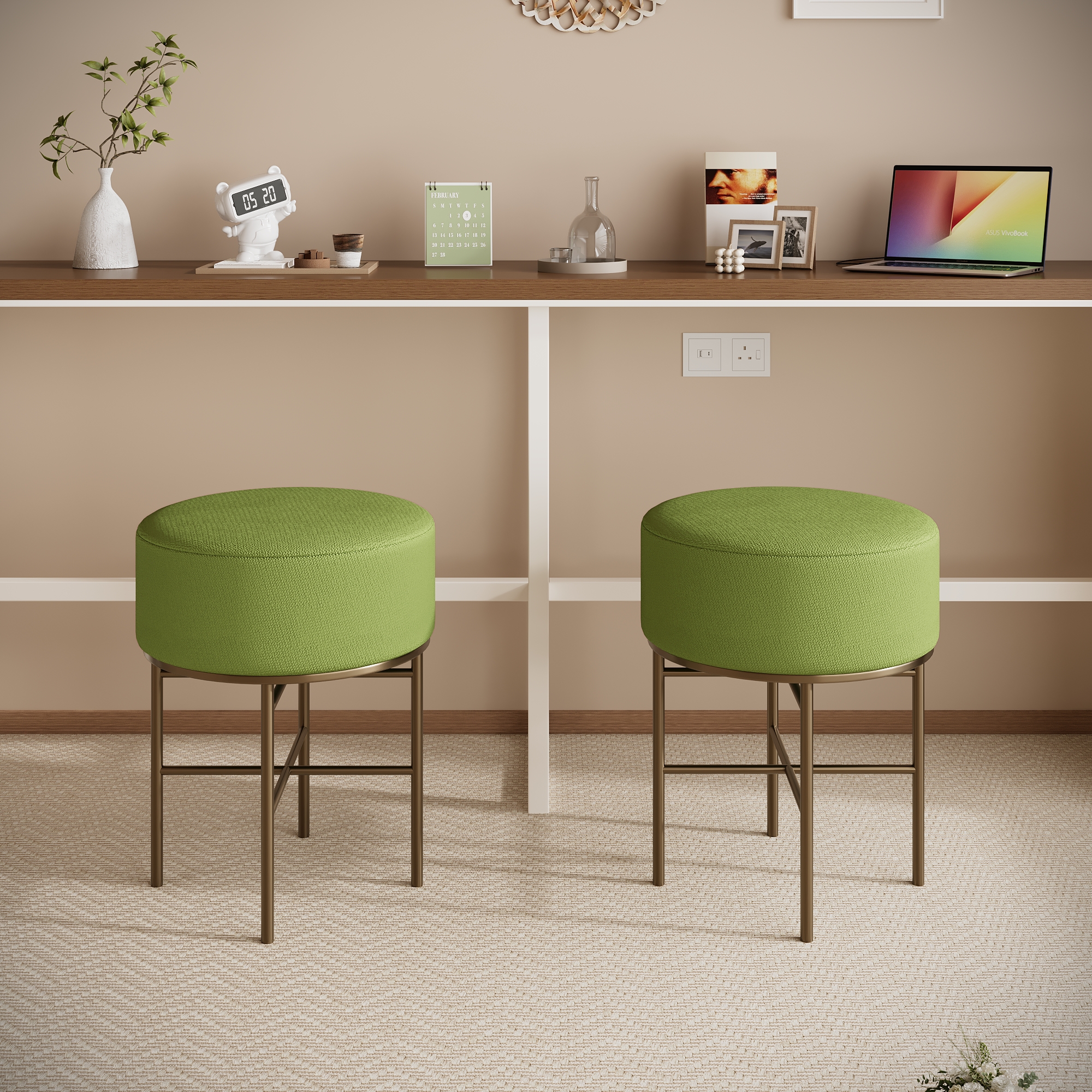 2 pcs Round Cushioned Vanity Stool, Linen Upholstered Vanity Stool for Makeup Room, Modern Soft Stool for Bar and Dining, Ottoman Footrest Stool with Metal Legs for Living Room, Bedroom(Matcha Green/Black) 