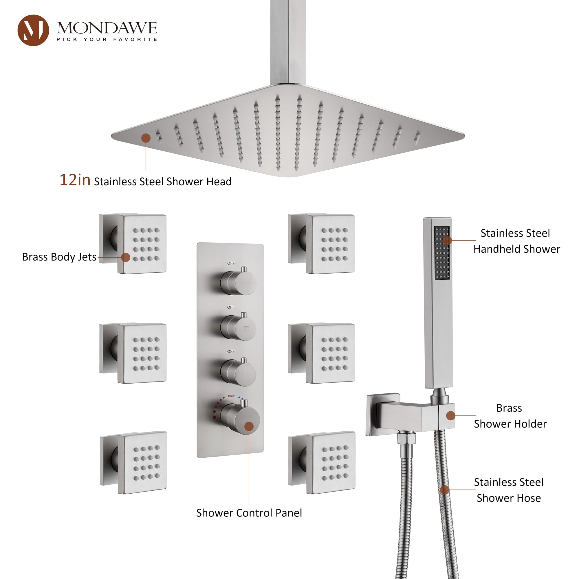 Mondawe Ceiling Mount Thermostatic Rainfall Shower System Set with Hand Held Shower Head and 6 Body Jets-Mondawe