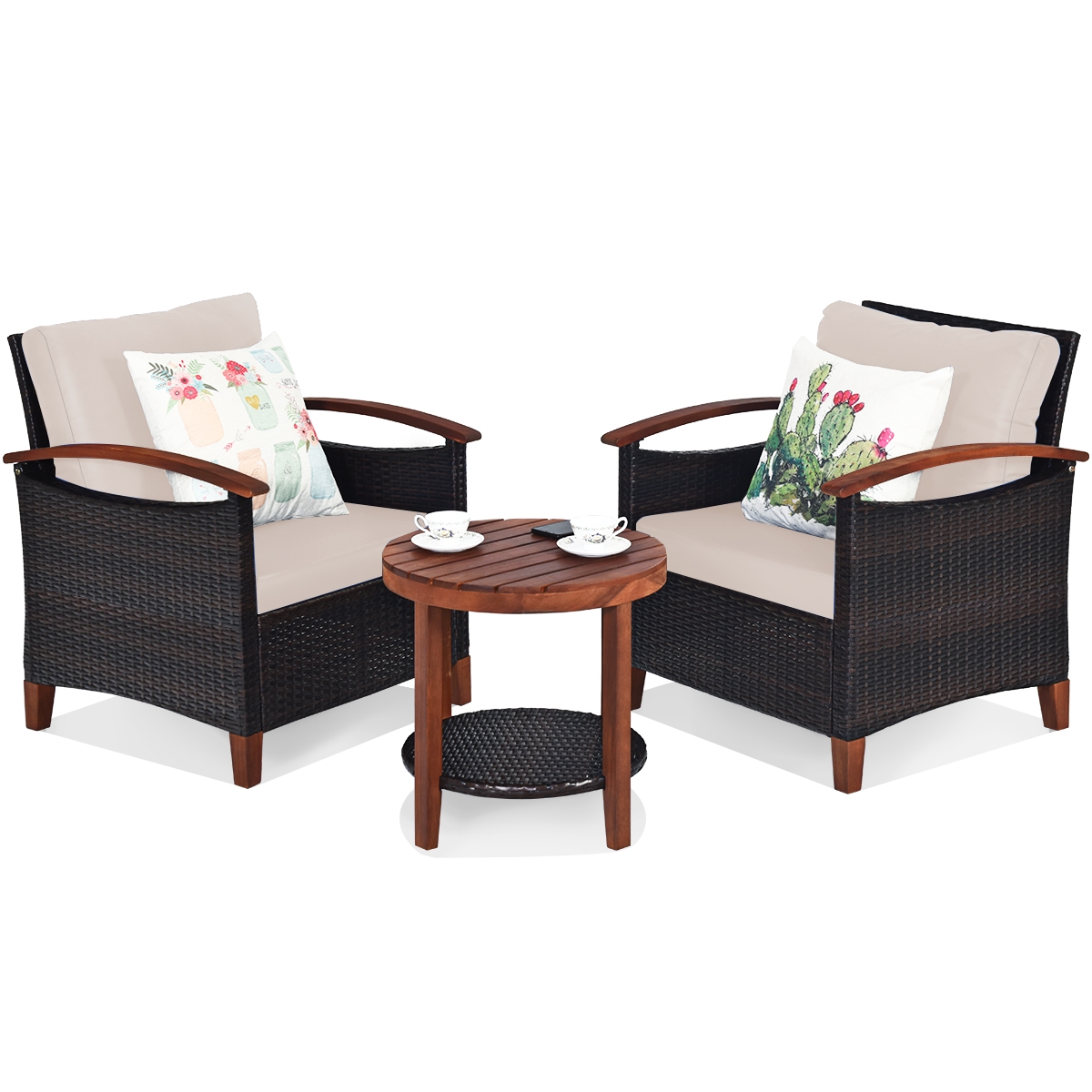 Mondawe 3 Pcs Solid Wood Frame Patio Rattan Furniture Set-Beige-Mondawe