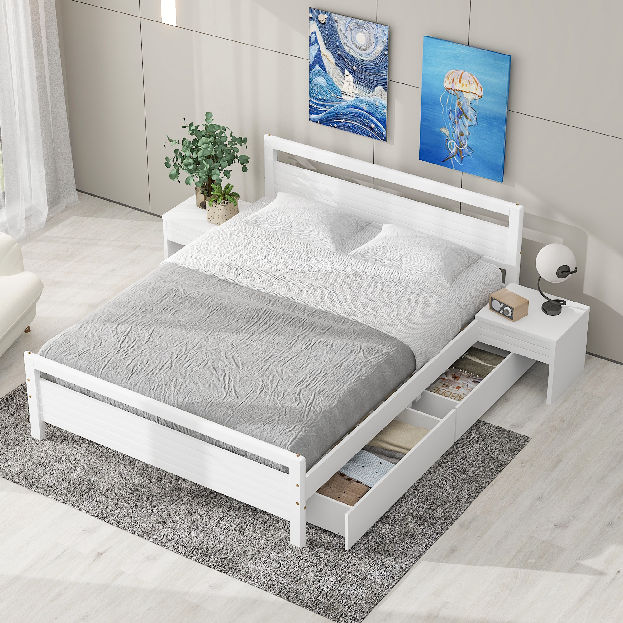 Queen Size Wooden Platform Bed with 2 Storage Drawers and 2 bedside tables, Gray/White 
