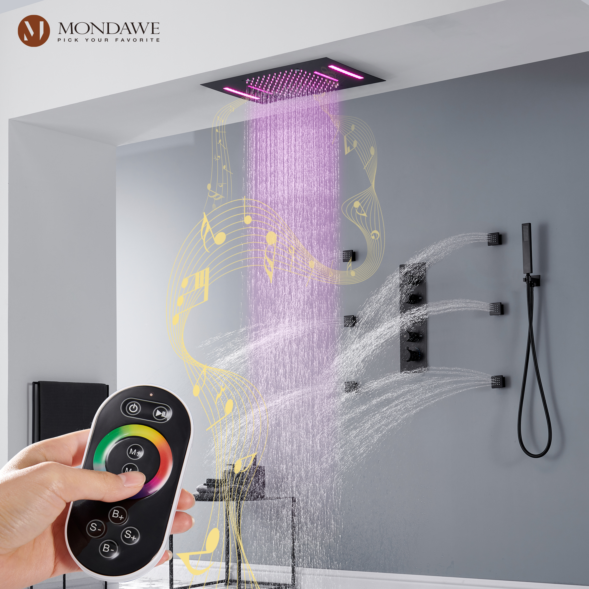 Mondawe Luxury 4-Way Thermostatic Shower System with LED and Music Player-Mondawe