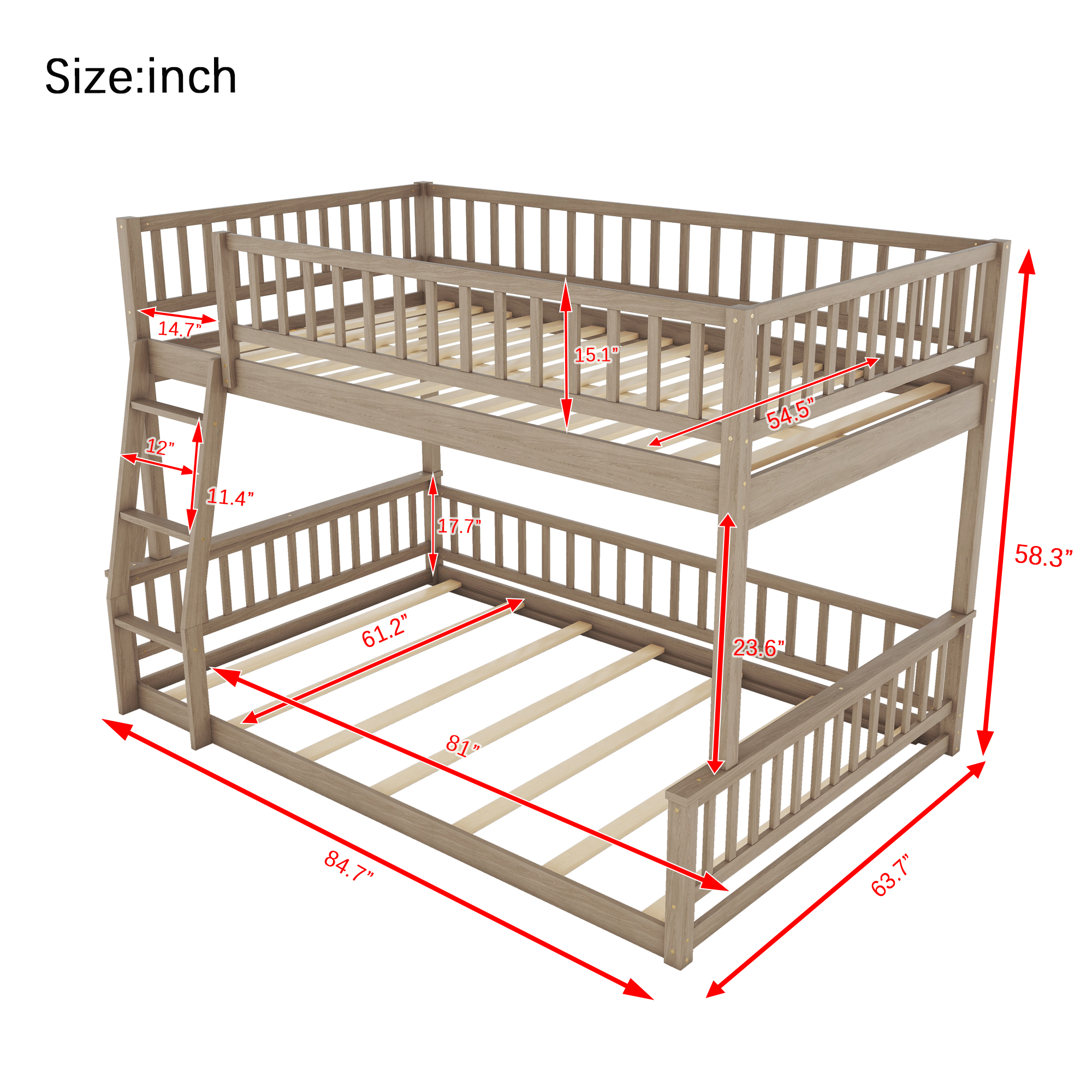Full XL over Queen Bunk Bed with Ladder and Guardrails, Gray/Walnut