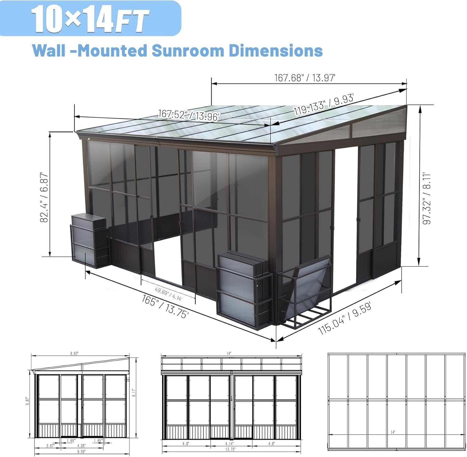 10x12FT All Season Sunroom, Outdoor Permanent Wall Mounted Solarium with Detachable Polycarbonate Windows, Aluminum Lean to Gazebo Sun Room with 2 Lockable Sliding Doors for Garden Patio Deck