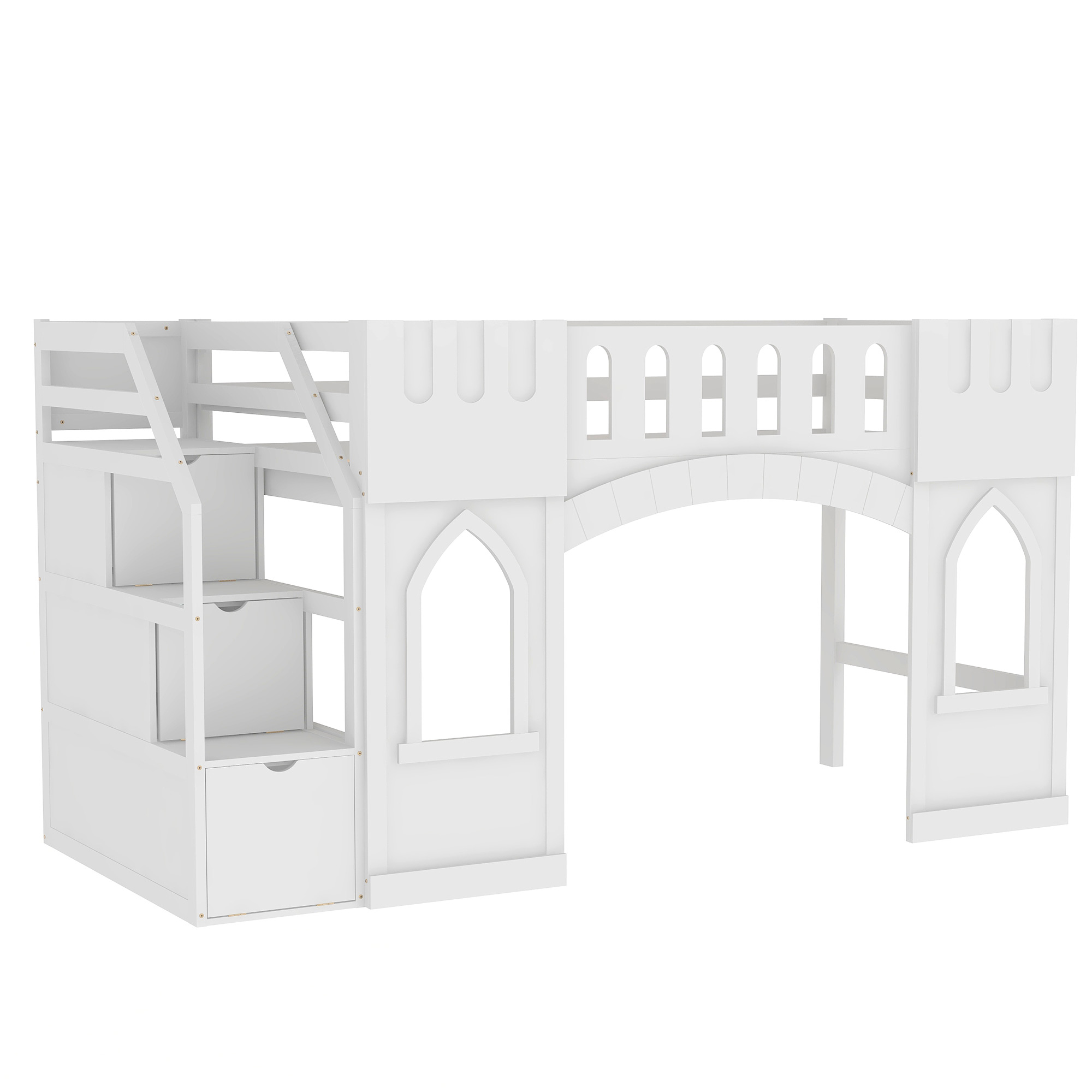 Twin Size Loft Bed with Storage Staircase and Window, White/Pink