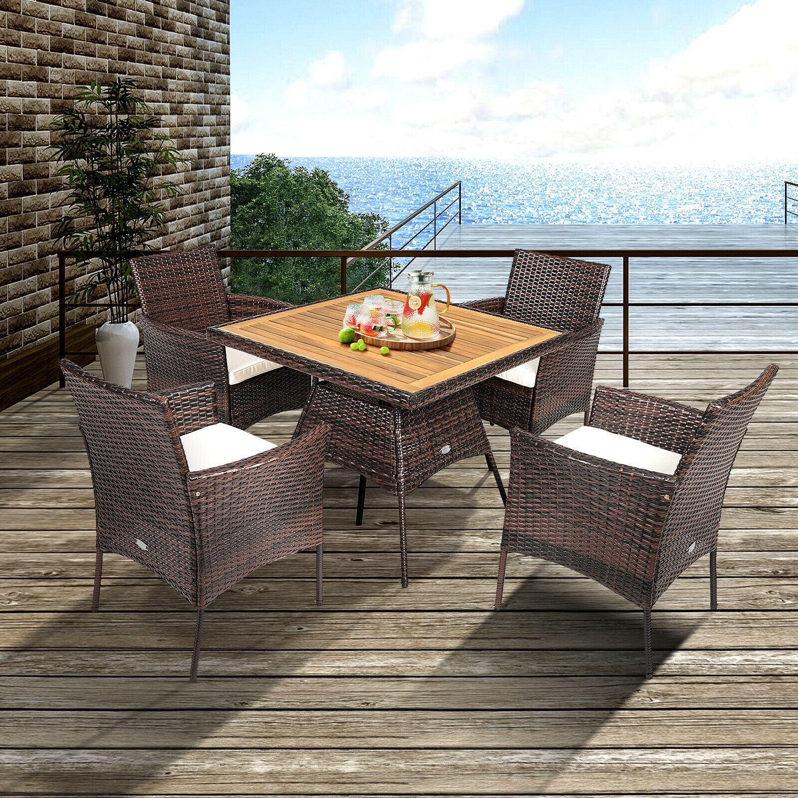 Mondawe 5 Pieces Patio Rattan Dining Furniture Set with Arm Chair and Wooden Table Top-Mondawe