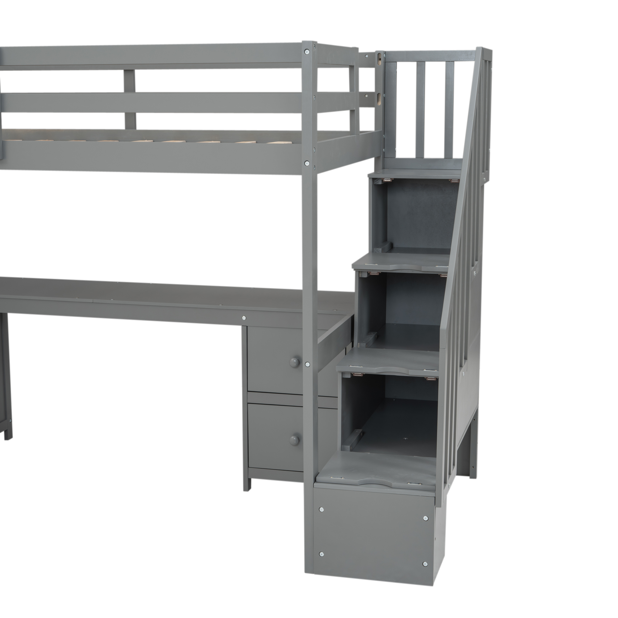 Twin Size Loft Bed Frame with Built-in Desk and Double Storage Drawers,White/Gray