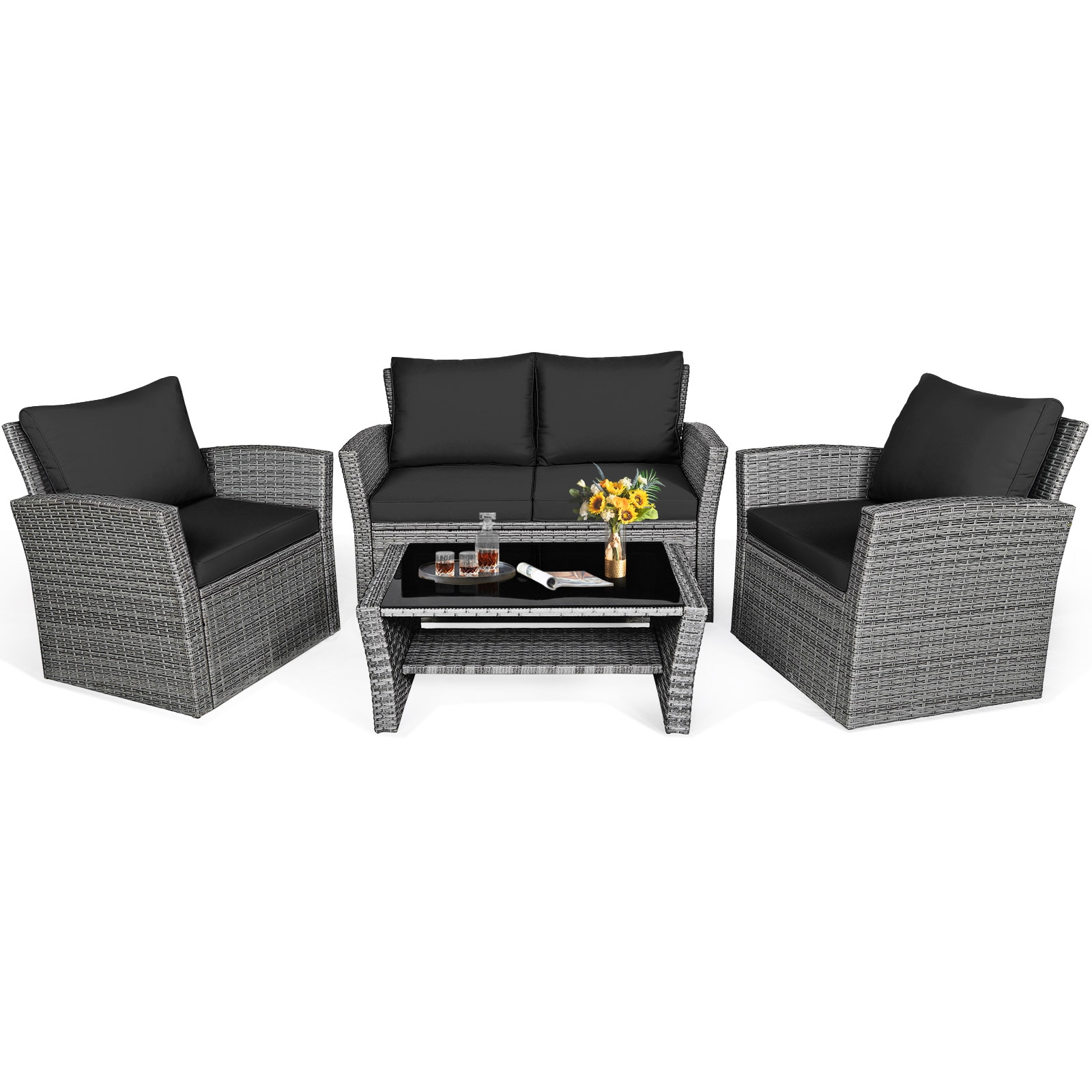 Mondawe 4 Pcs Patio Rattan Furniture Set Sofa Table with Storage Shelf Cushion-Black-Mondawe
