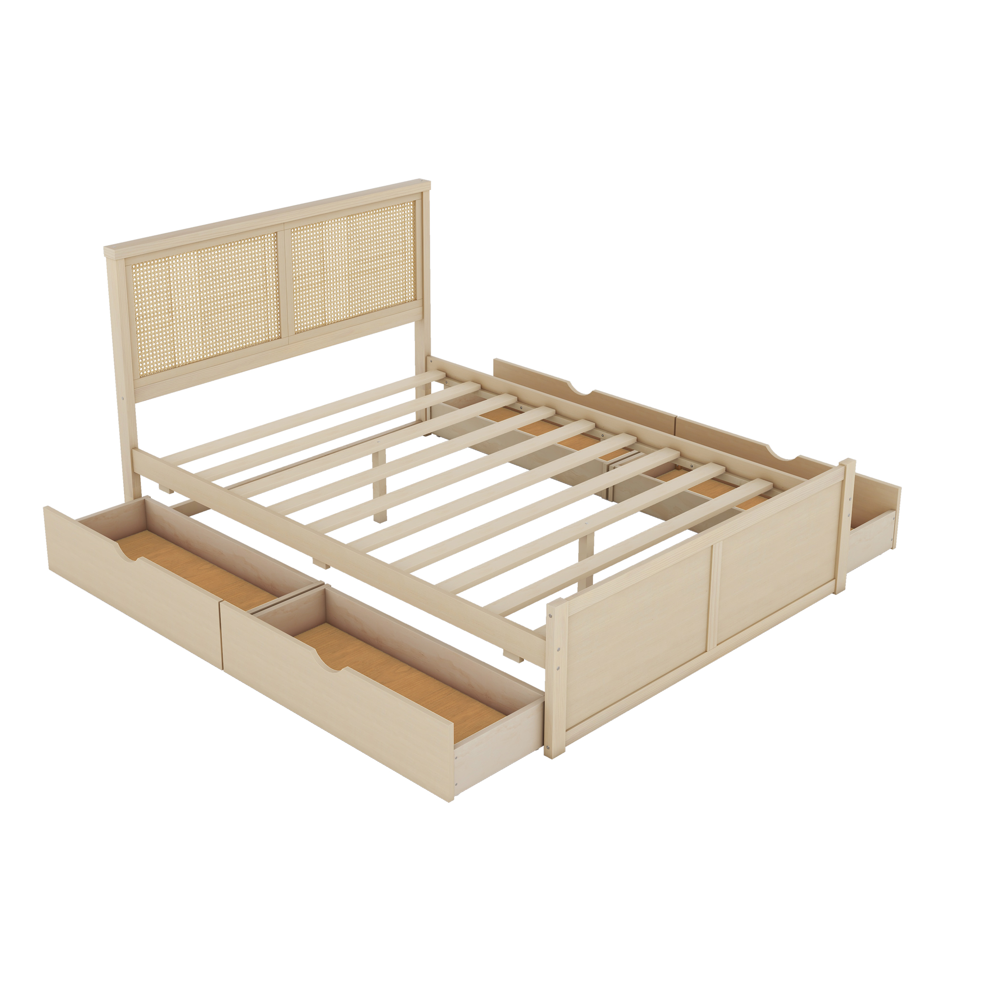 Queen/Full Size Wood Storage Platform Bed with 4 Drawers, Rattan Headboard, Espresso/Nature 