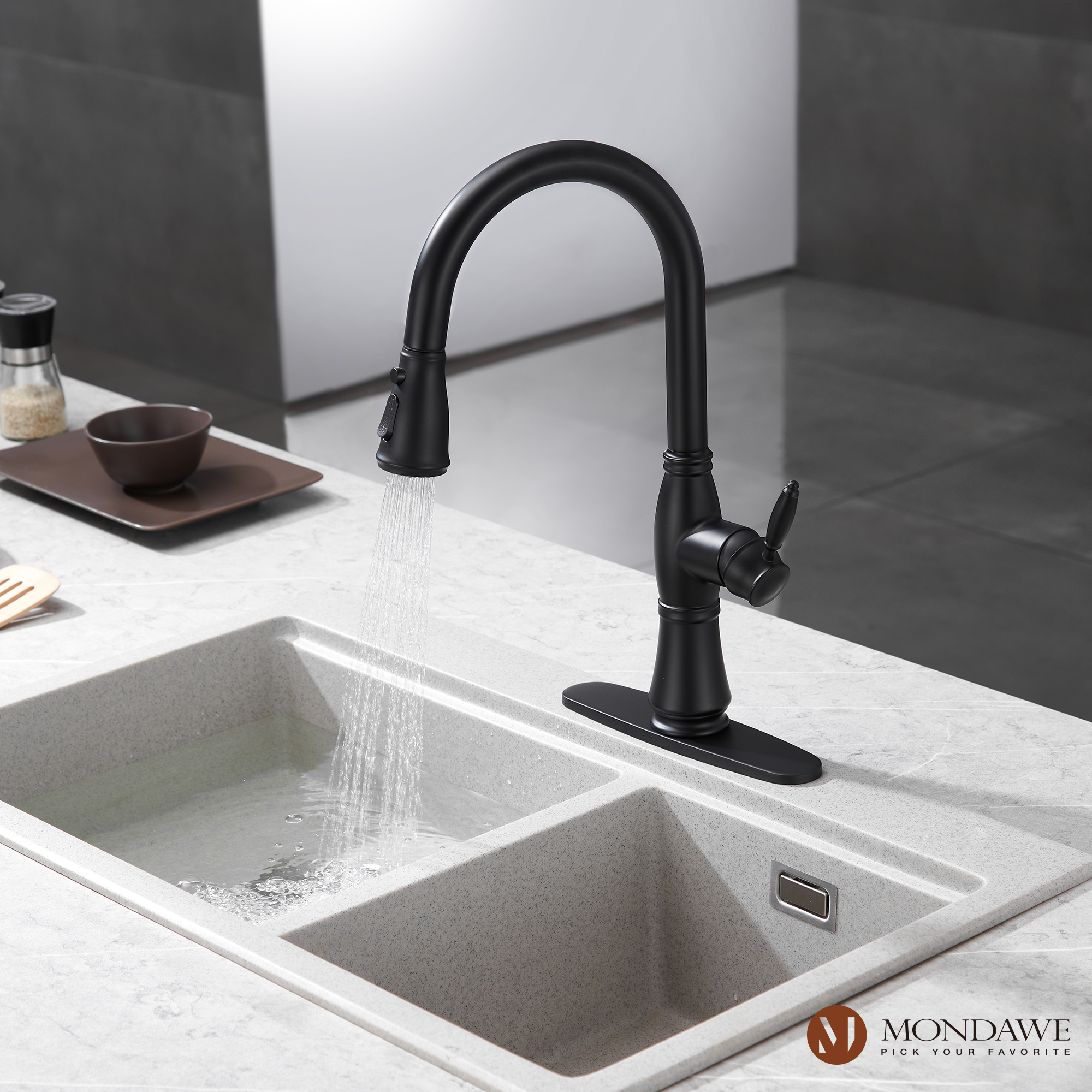 Mondawe Retro Tulip High Arc Pull Down Single Handle Deck Mount Kitchen Faucet-Mondawe