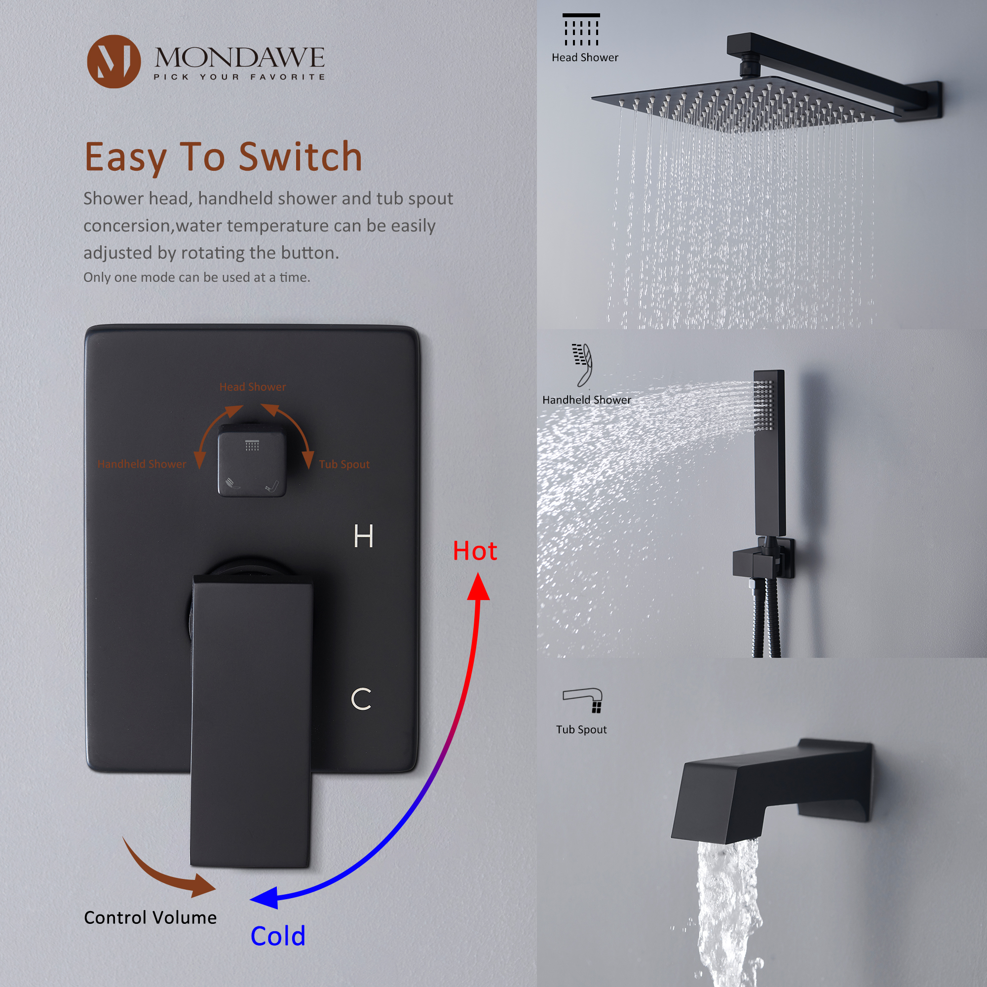 Mondawe Three function Pressure Balance Shower Set with 10 in Shower Head(5 color, Valve Included)-Mondawe