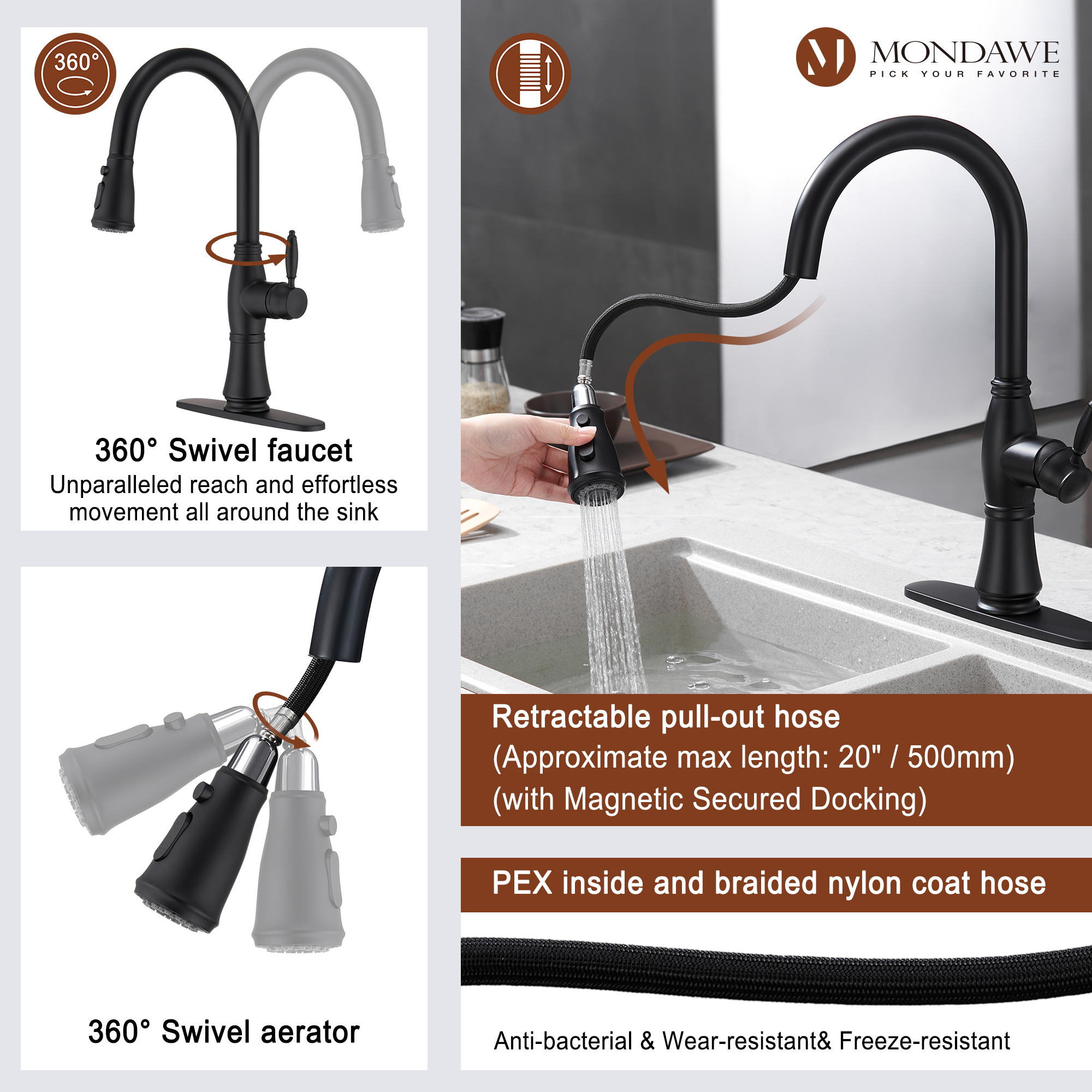 Mondawe Retro Tulip High Arc Pull Down Single Handle Deck Mount Kitchen Faucet-Mondawe