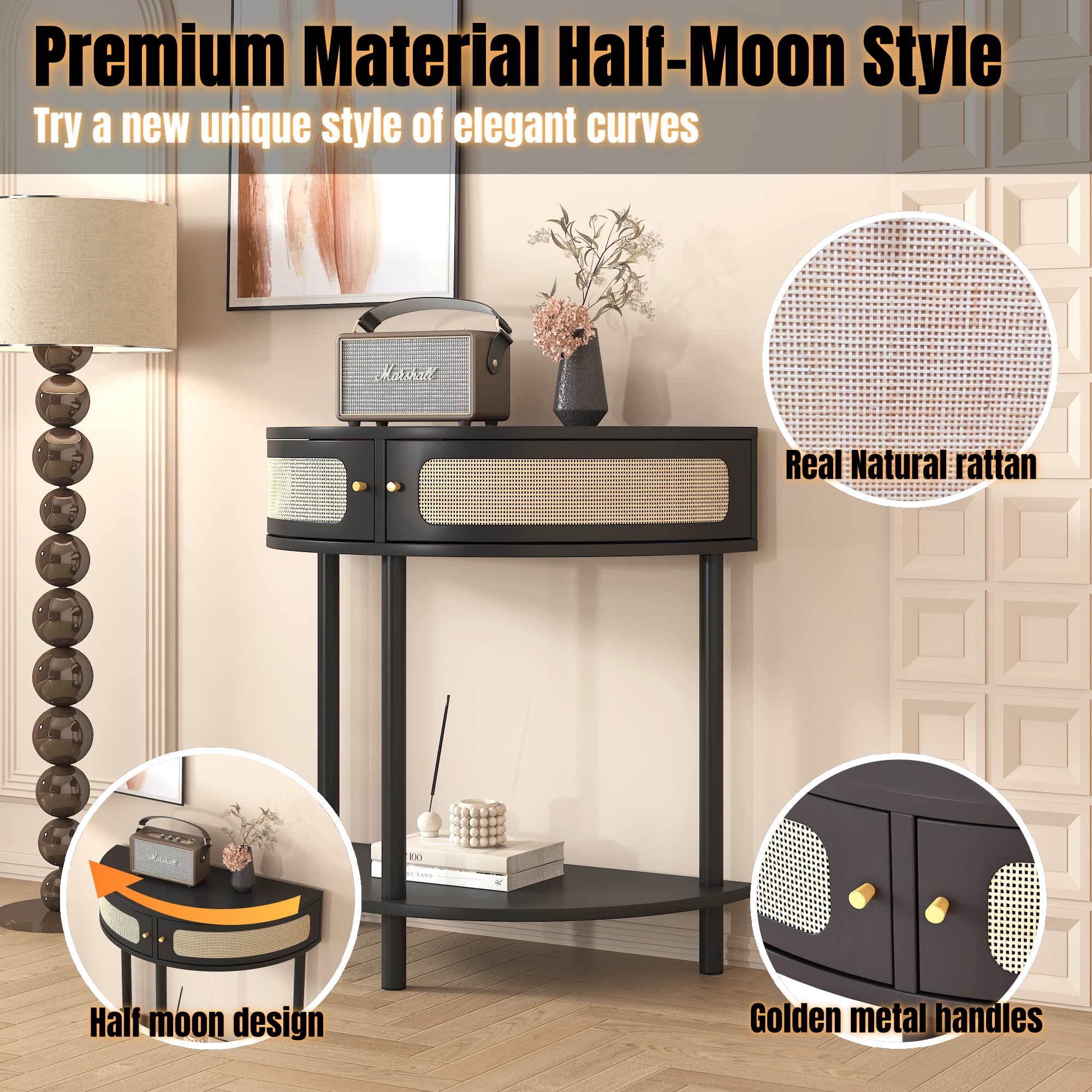 Unique Half Moon Design End Table with Sliding Rattan Door,Elegant Semi-circle Entryway Console Table with 2 Rattan Storage Cabinet and Bottom Shelf for Living room, Bedroom, Study, Hallway 