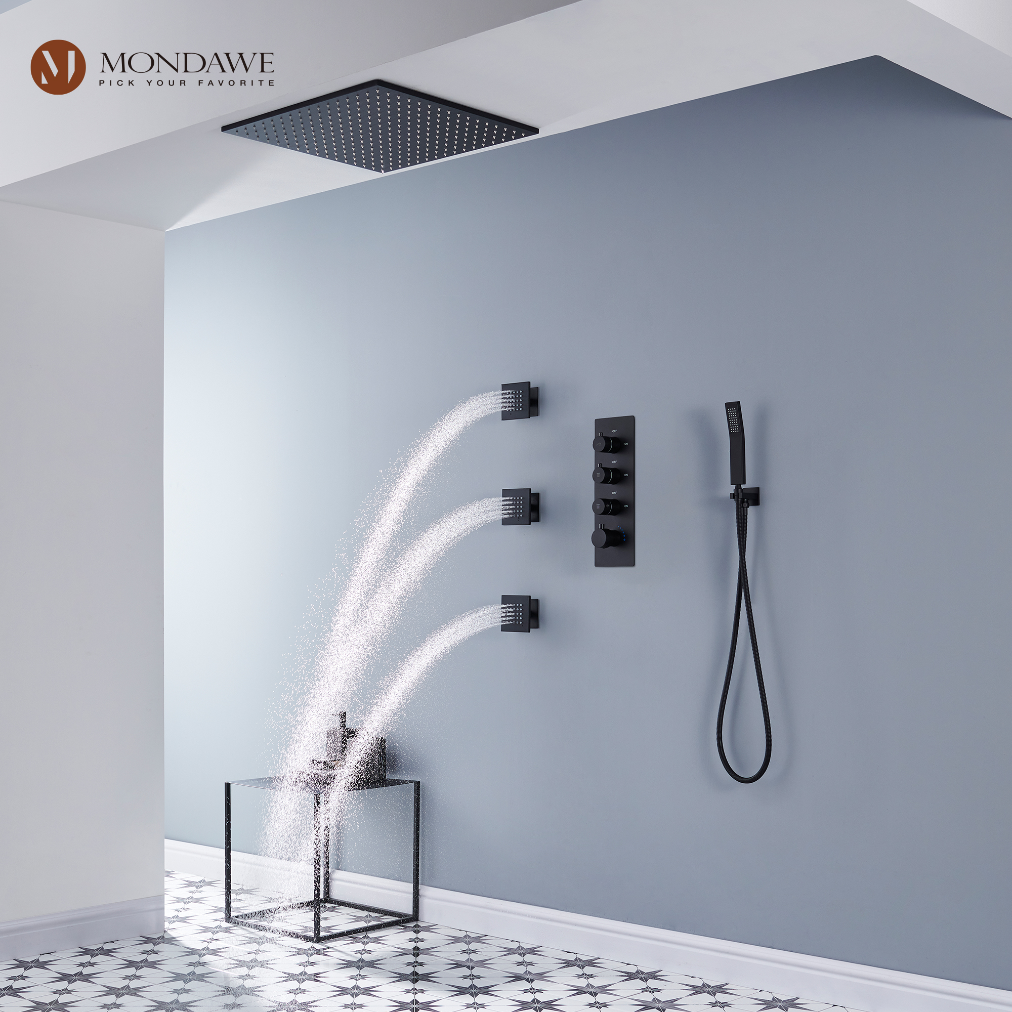 20 Inch Ceiling Mounted Rain Shower Head System Luxury 3-Spray Patterns Thermostatic Shower Faucets Sets Complete with 3-Function Shower Head and Solid Brass Handshower-Mondawe