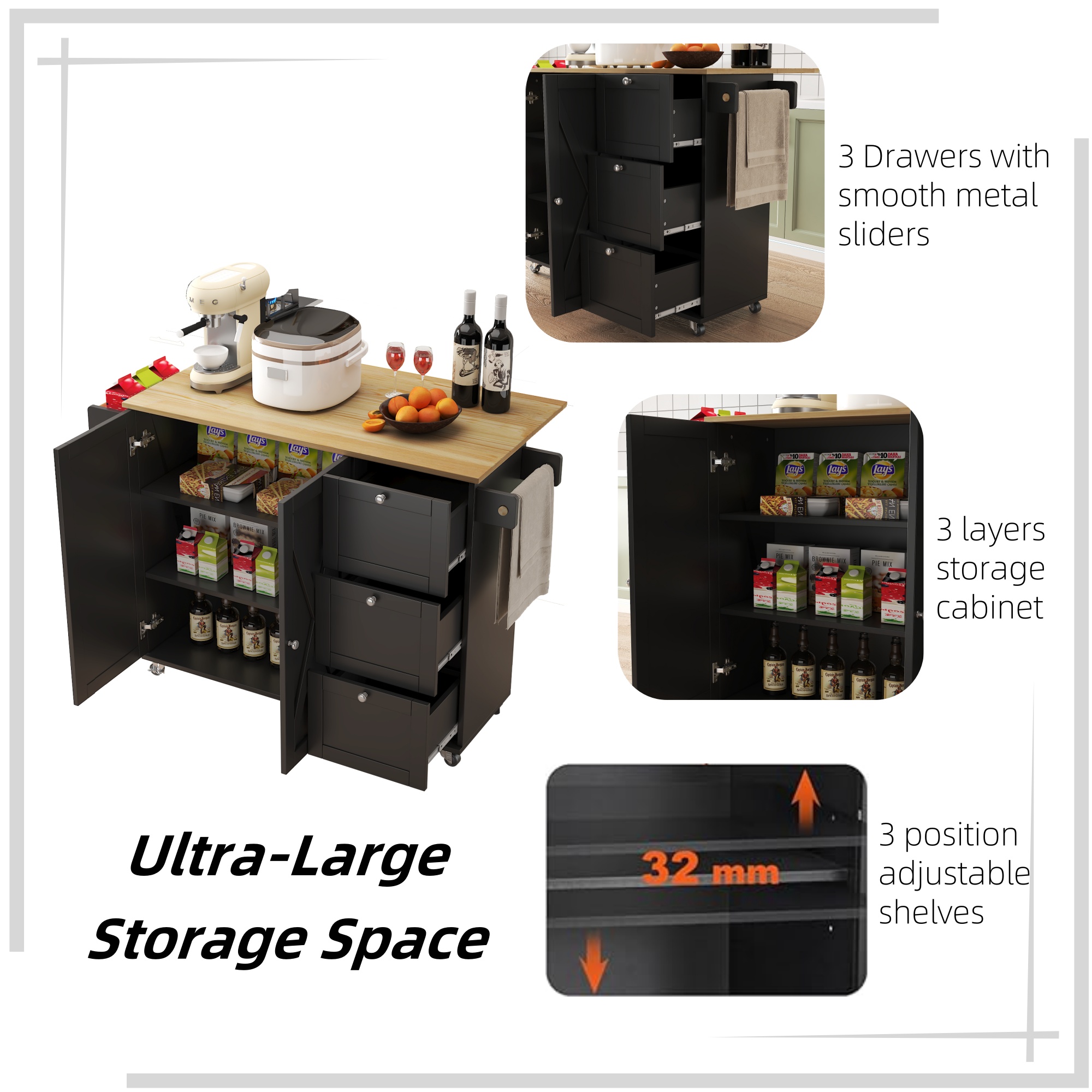 45.4" Farmhouse Black Rolling Kitchen Cart on Wheels with Storage Cabinet, Mobile Kitchen Island cart with Drop Leaf Top, Spice Rack, Towel Bar, Adjustable Shelf, Drawers and Hooks 