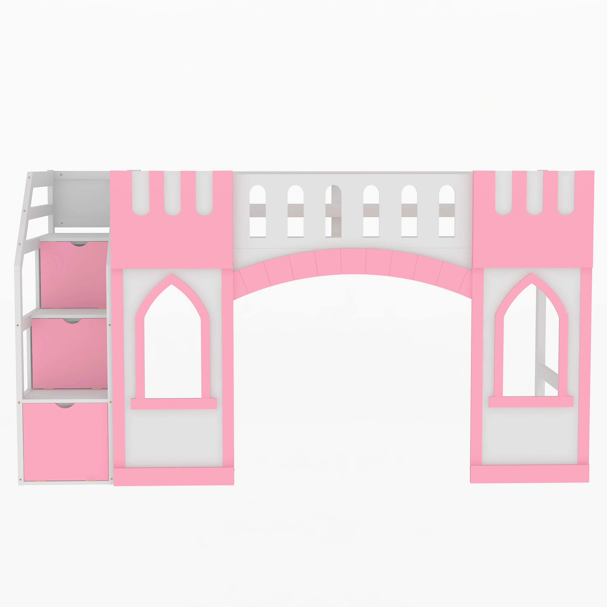 Twin Size Loft Bed with Storage Staircase and Window, White/Pink