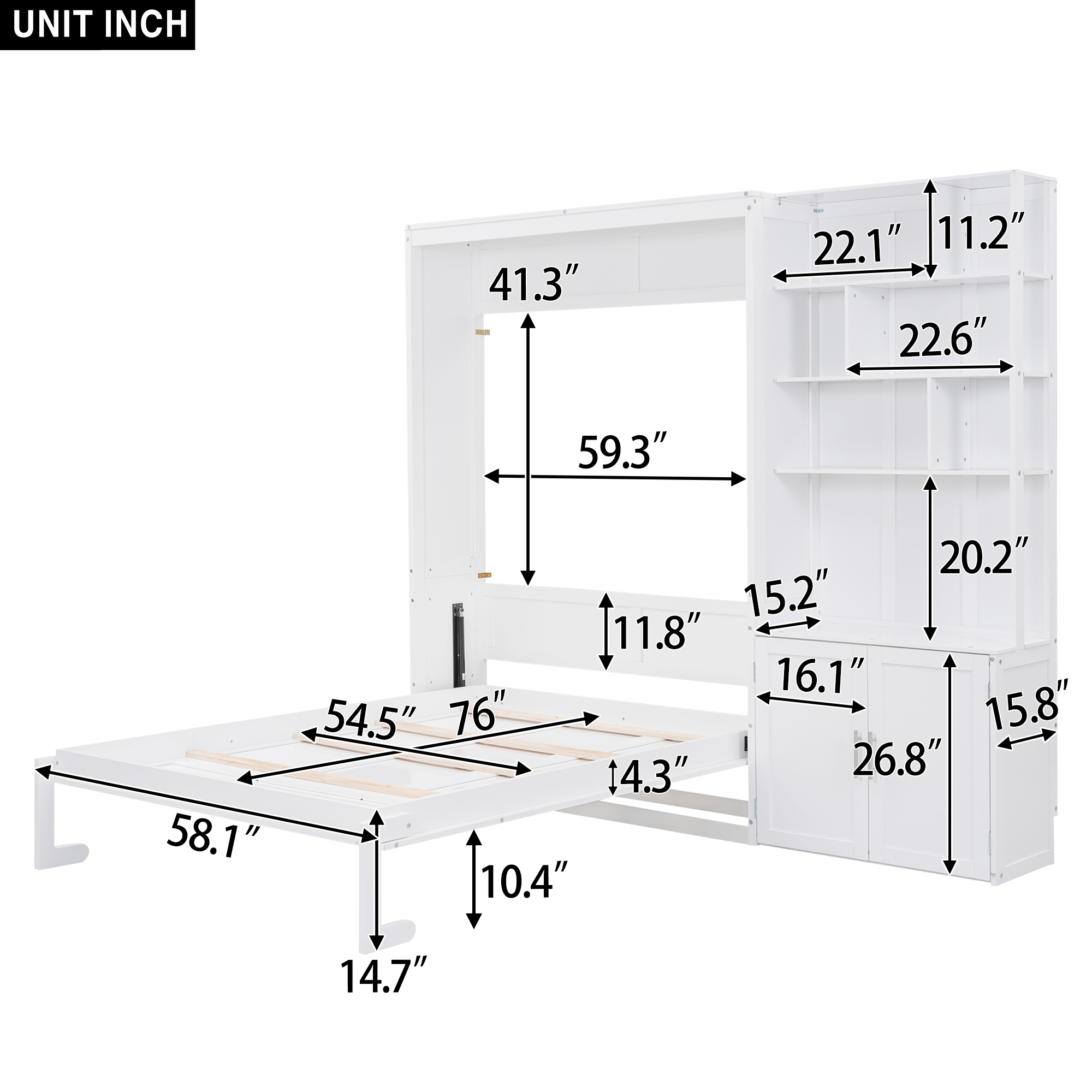 Full Size Murphy Bed with Multiple Storage Shelves and A Cabinet, White 