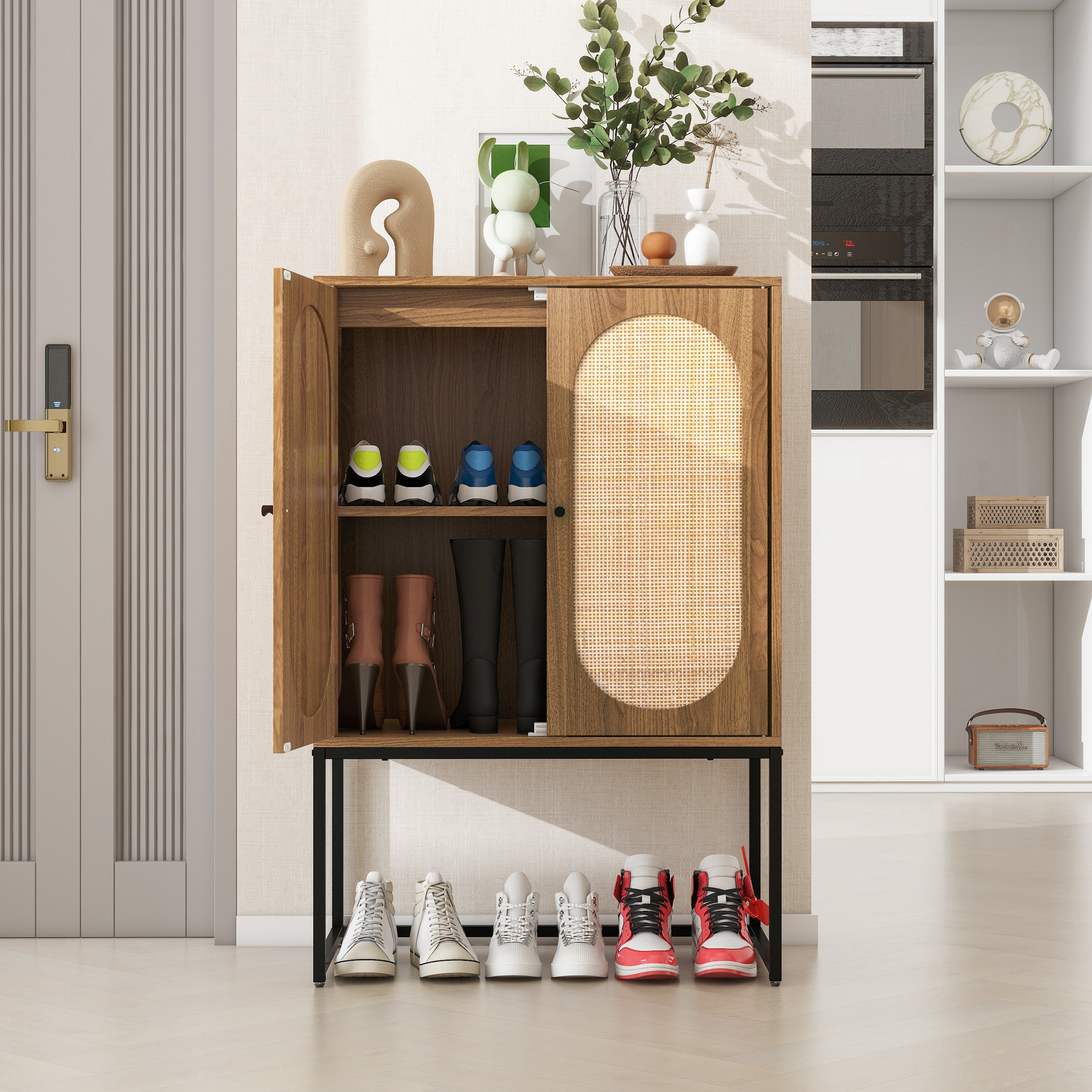 Natural rattan, Allen 2 Door high cabinet, rattan, Built-in adjustable shelf, Easy Assembly, Free Standing Cabinet for Living Room Bedroom 