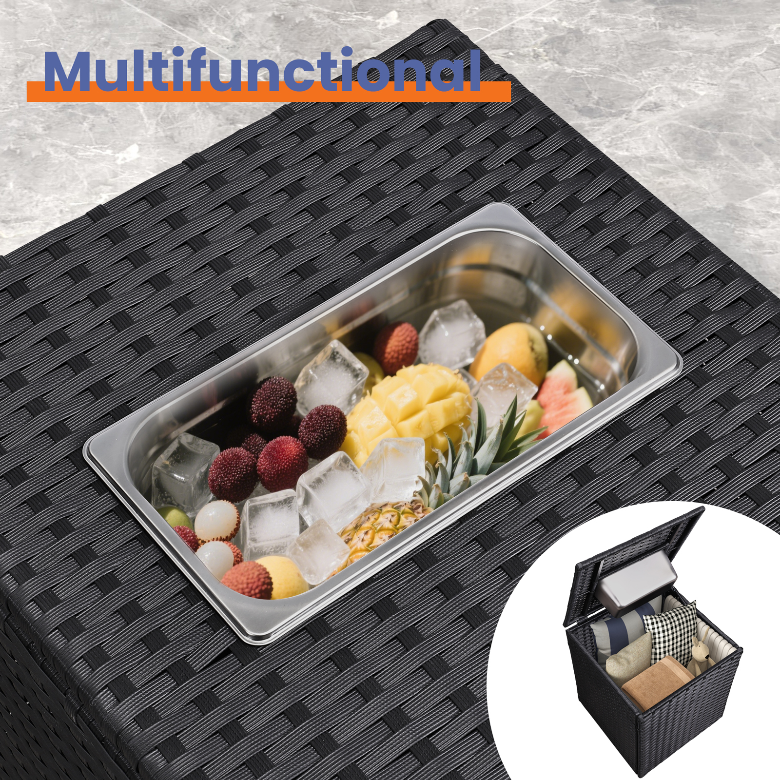 4-Piece Outdoor Patio Set with Ice Bucket Table – PE Rattan Double Chairs & Coffee Table Conversation Set with Storage, Waterproof Cushions, 5 Color Options