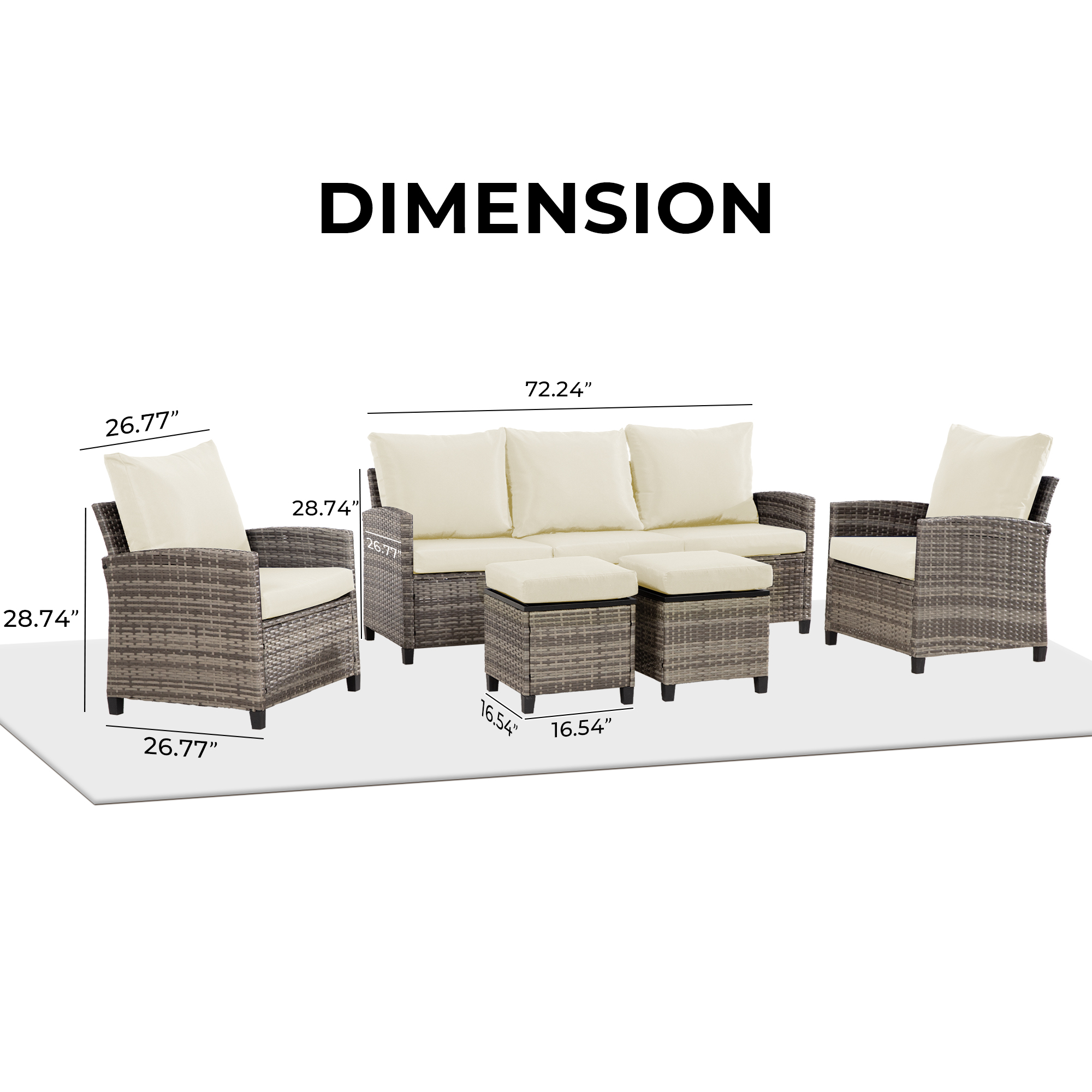 5-Piece PE Rattan Patio Furniture Set – 3-Seater Sofa, 2 Armchairs, 2 Ottomans with Cushions, Outdoor Lounge Seating, Gray/Beige/Blue