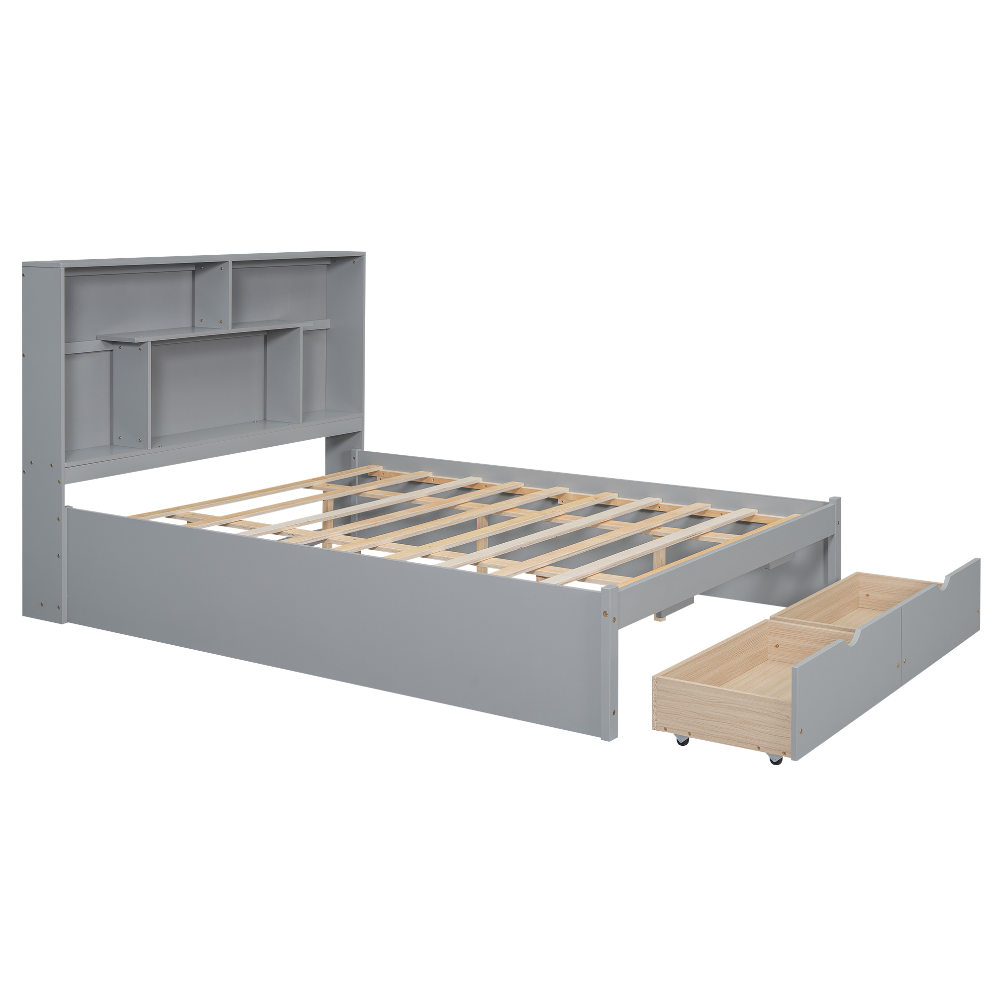 Full/Queen Size Platform Bed with Storage Headboard and 2 Drawers, Gray/White
