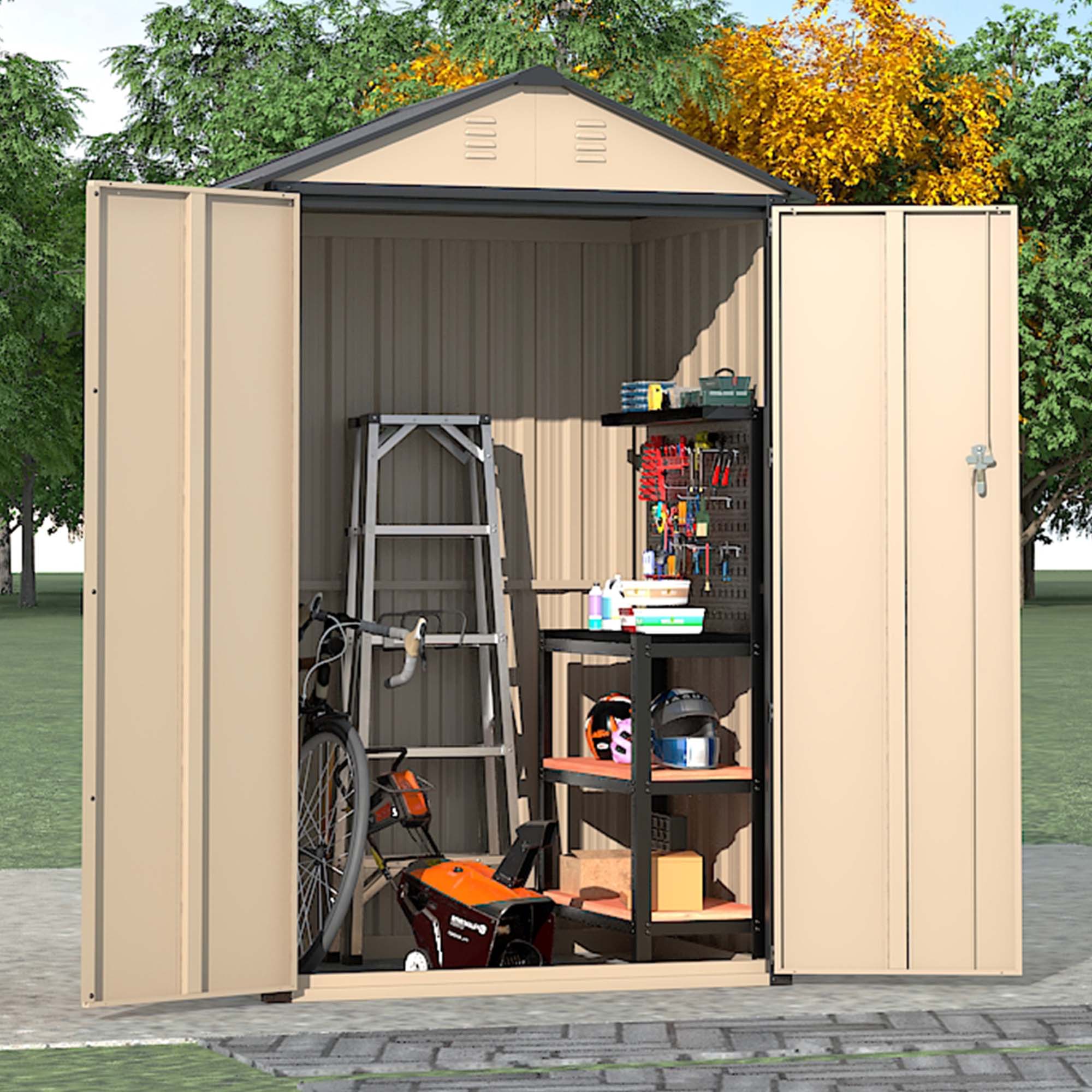 6x4 FT Outdoor Storage Shed, Steel Metal Lockable Garden Shed, Tiny House, Utility Shed, Lean-to Shed & Outdoor Storage, Waterproof Backyard Shed with Door for Bike, Tools, Lawnmower